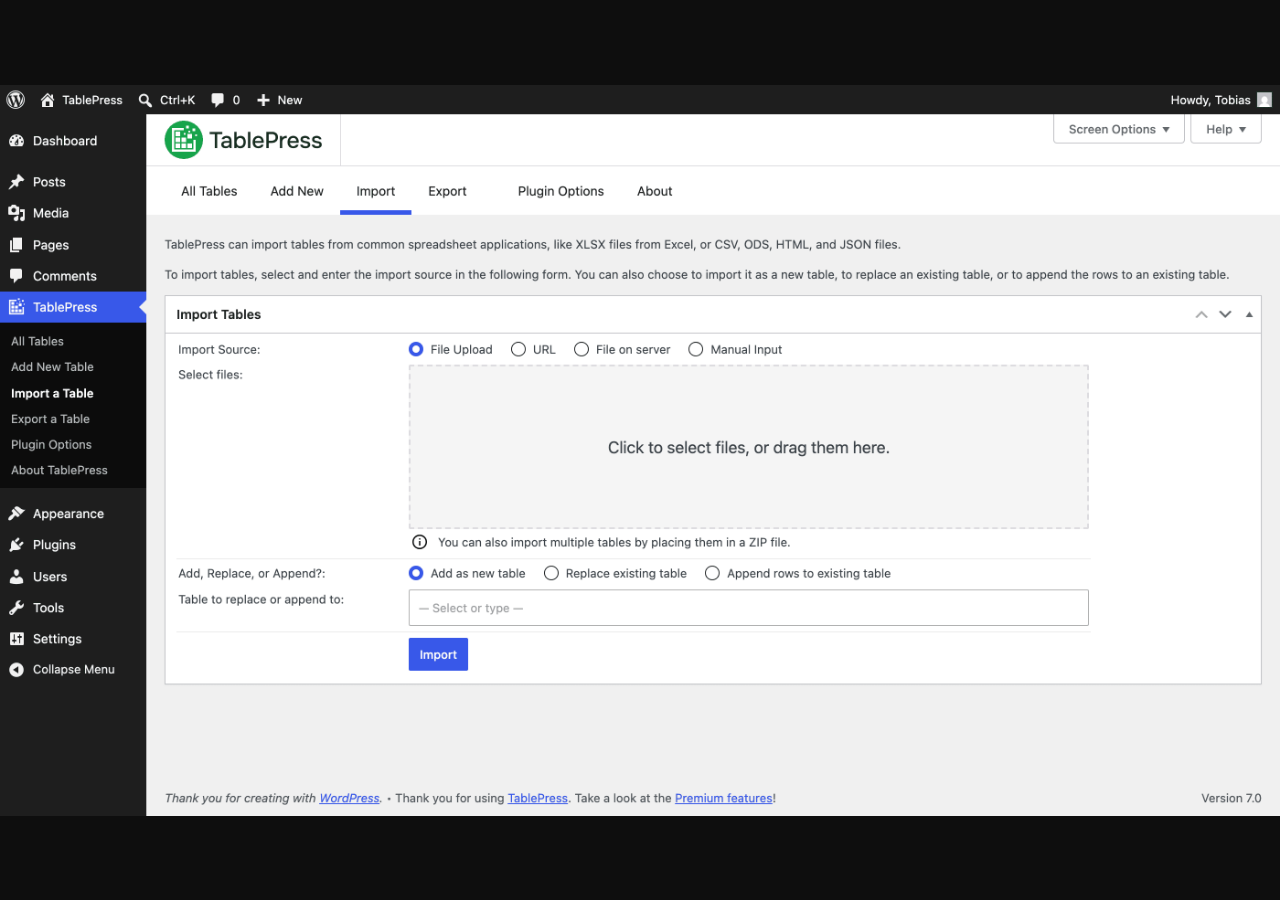 The TablePress Import screen showing the four import source options (File Upload, URL, File on server, Manual Input), the drag-and-drop file upload area, and the Add, Replace, or Append radio buttons.