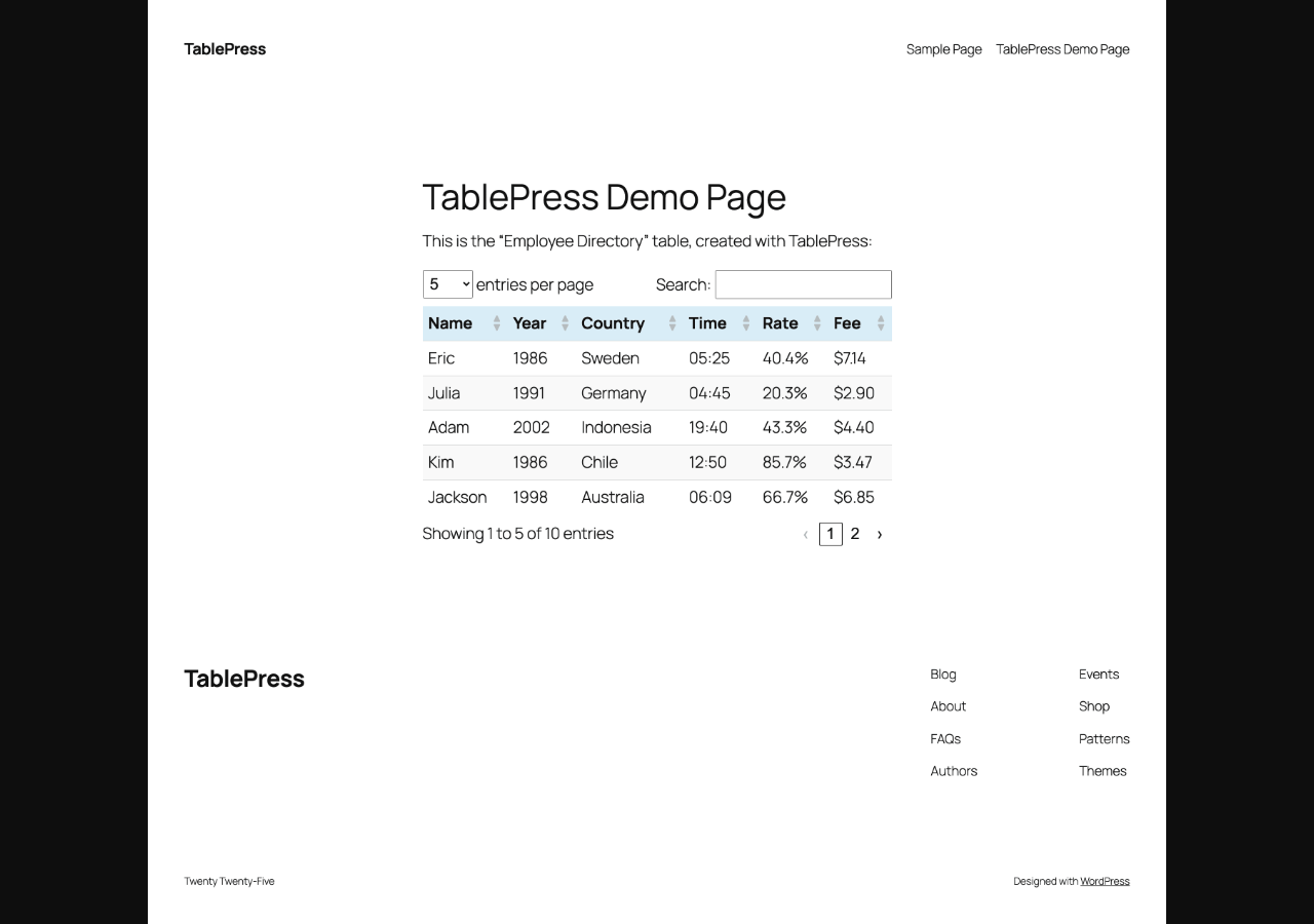 A TablePress demo table rendered on the frontend showing a clean paginated data table with sorting arrows on every column header, a search box in the top right, a page-size selector, and pagination navigation at the bottom.