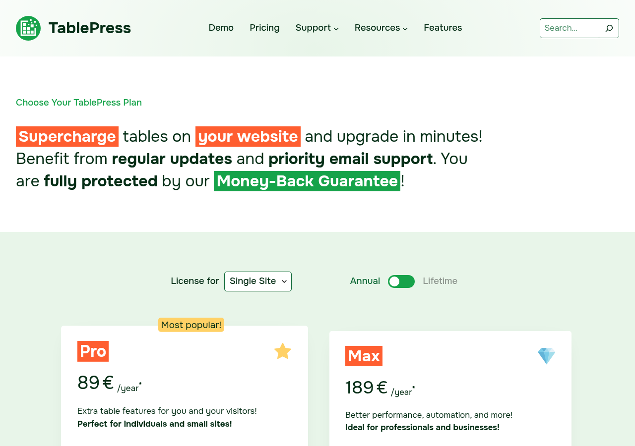 The TablePress pricing page showing the Pro and Max plan cards with annual pricing and a 30-day money-back guarantee badge. Amounts shown are as displayed for this reviewer's location; your checkout price may differ.