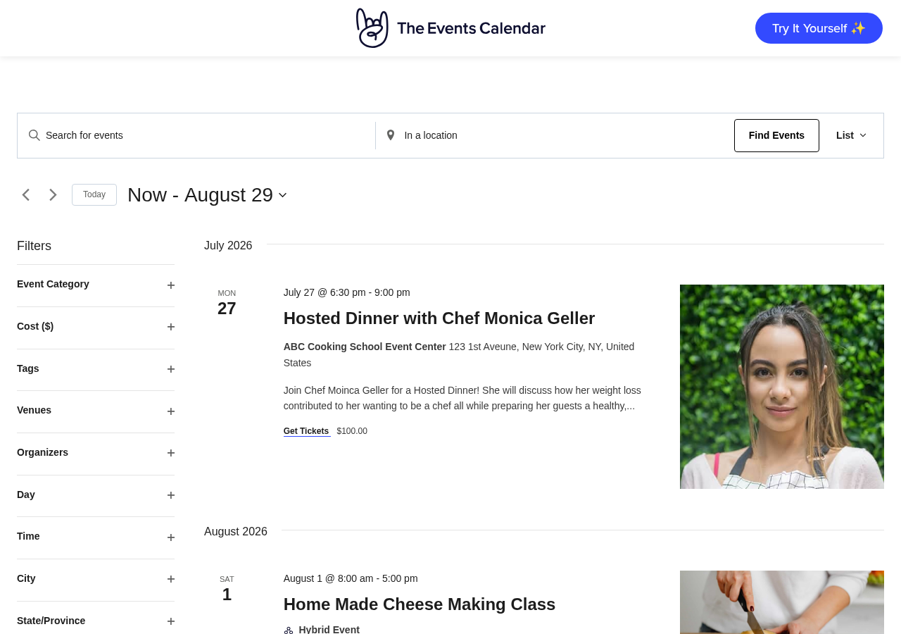 The Events Calendar list view on the official public demo at demo.theeventscalendar.com, showing upcoming events in July and August 2026 with date columns on the left, event titles, venue addresses, ticket prices, and a left-side filter panel with Event Category, Cost, Tags, Venues, Organizers, Day, and Time filters