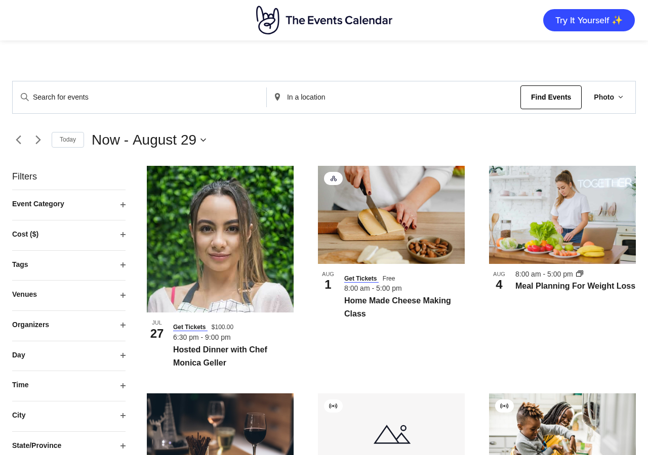 The Events Calendar photo view on the official demo at demo.theeventscalendar.com, showing a responsive grid of event cards each with a featured photo, event title, date, time, and a Get Tickets button with ticket price. This view is available on paid plans from the Essentials tier.