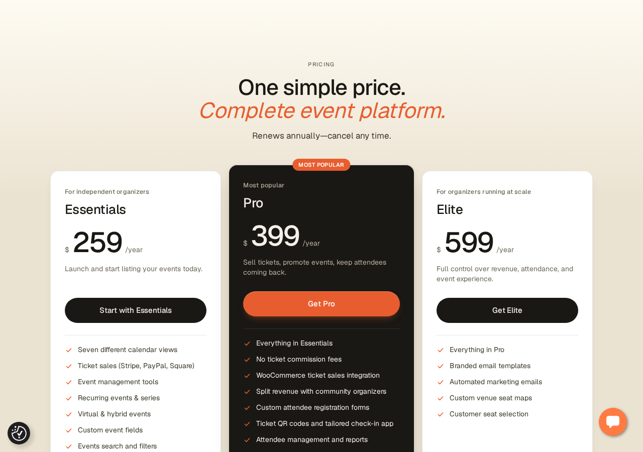 The Events Calendar pricing page on liquidweb.com showing three annual plans: Essentials at $259 per year for independent organizers with seven calendar views, ticket sales via Stripe/PayPal/Square, and recurring events; Pro at $399 per year marked Most Popular with no ticket commission fees, WooCommerce integration, QR codes, and attendee reports; Elite at $599 per year with branded email templates, automated marketing emails, custom venue seat maps, and customer seat selection.