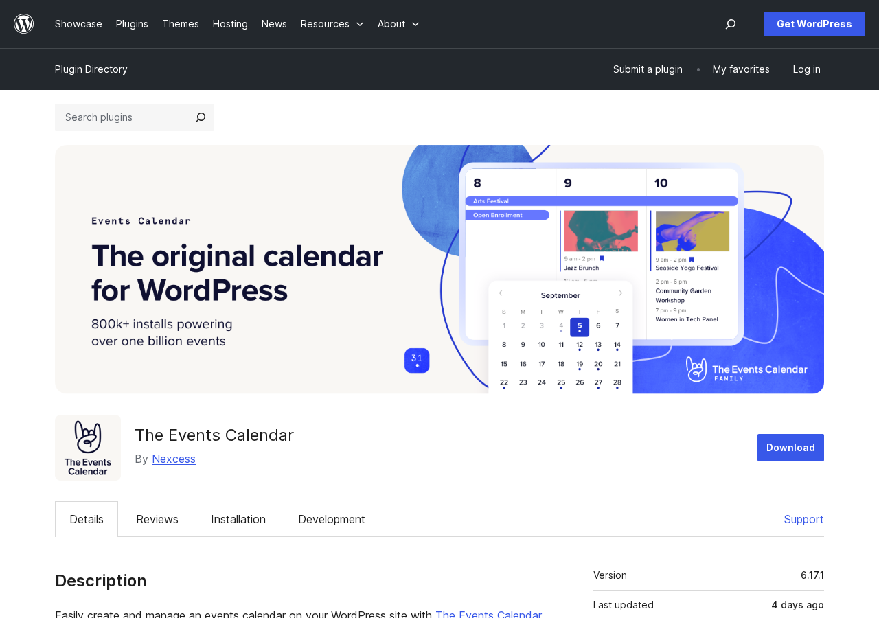The Events Calendar plugin listing on WordPress.org showing the banner with 'The original calendar for WordPress' tagline, 800k+ installs powering over one billion events, version 6.17.1 updated four days prior, and Nexcess publisher branding