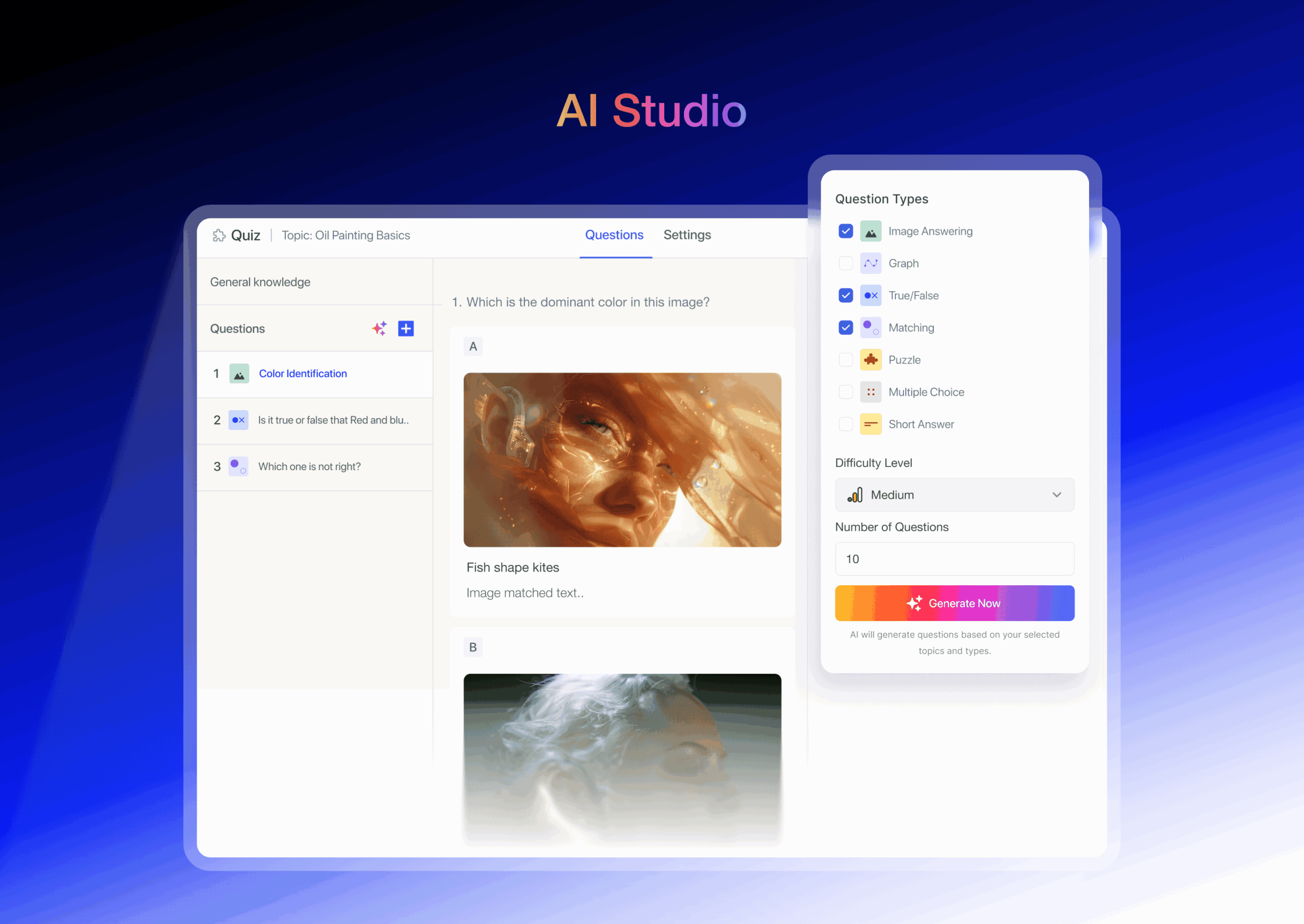 AI Studio in Tutor LMS showing a prompt input field, course generation settings, and a preview of the generated course structure with topics and lessons.