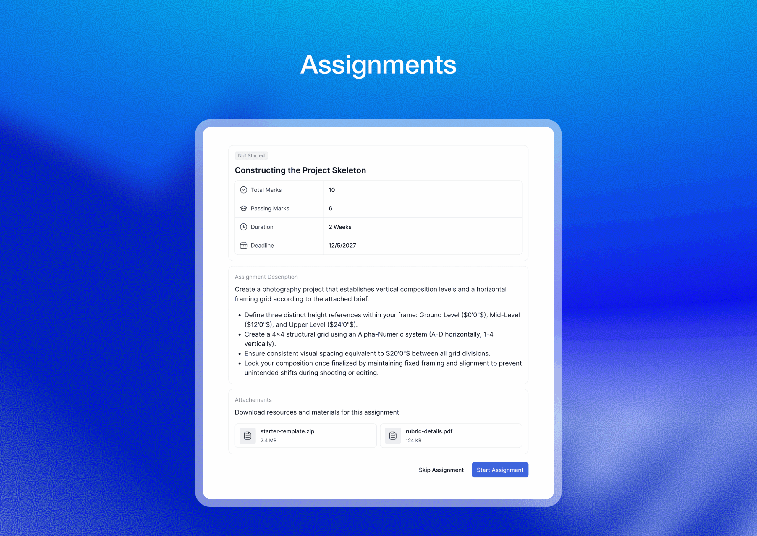 Assignments panel in Tutor LMS showing a list of student submissions with submission date, status, and grade columns, and an open submission with an instructor feedback field.