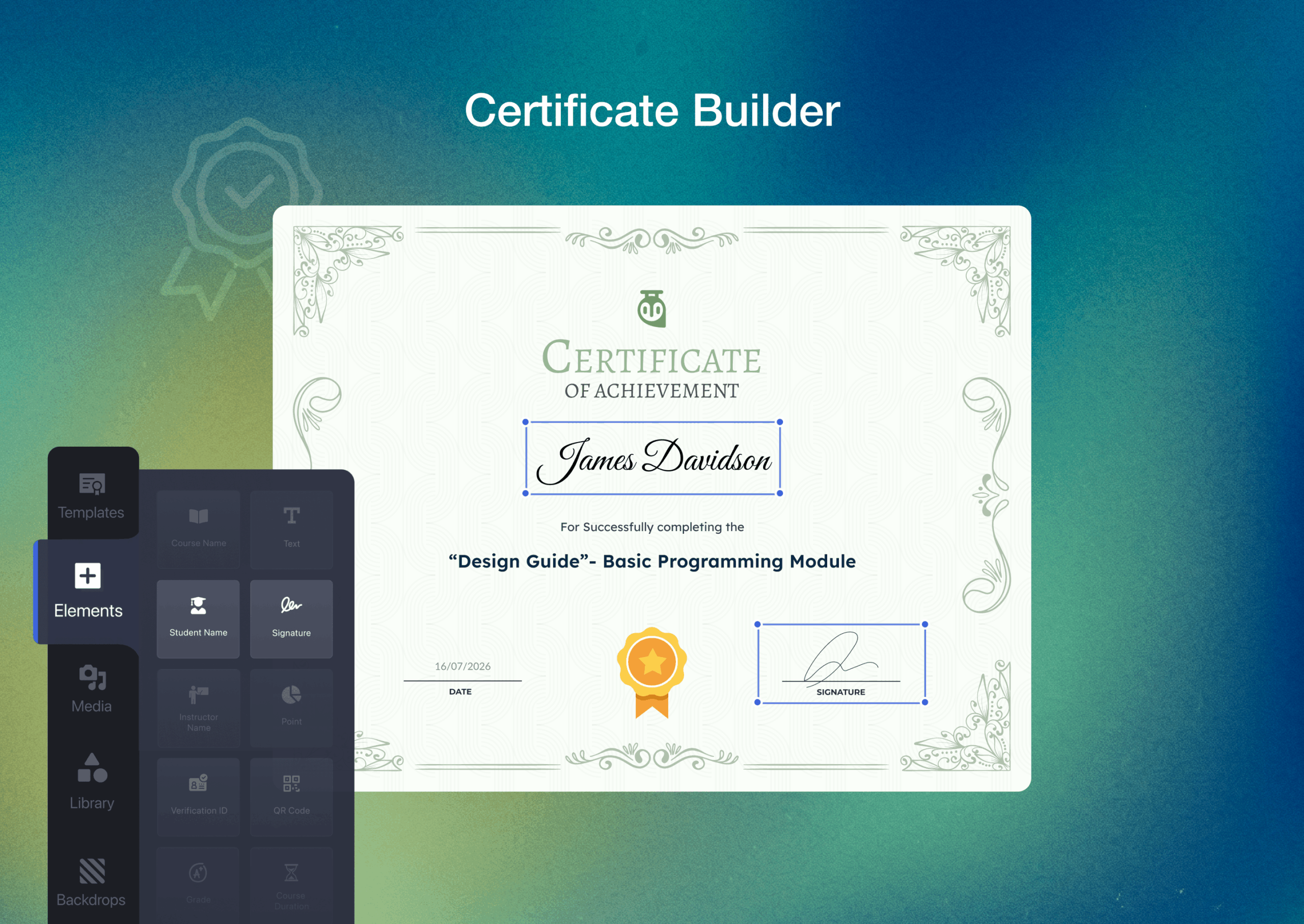 Certificate builder in Tutor LMS showing a drag-and-drop canvas with a certificate template and branding customization options in a right sidebar.