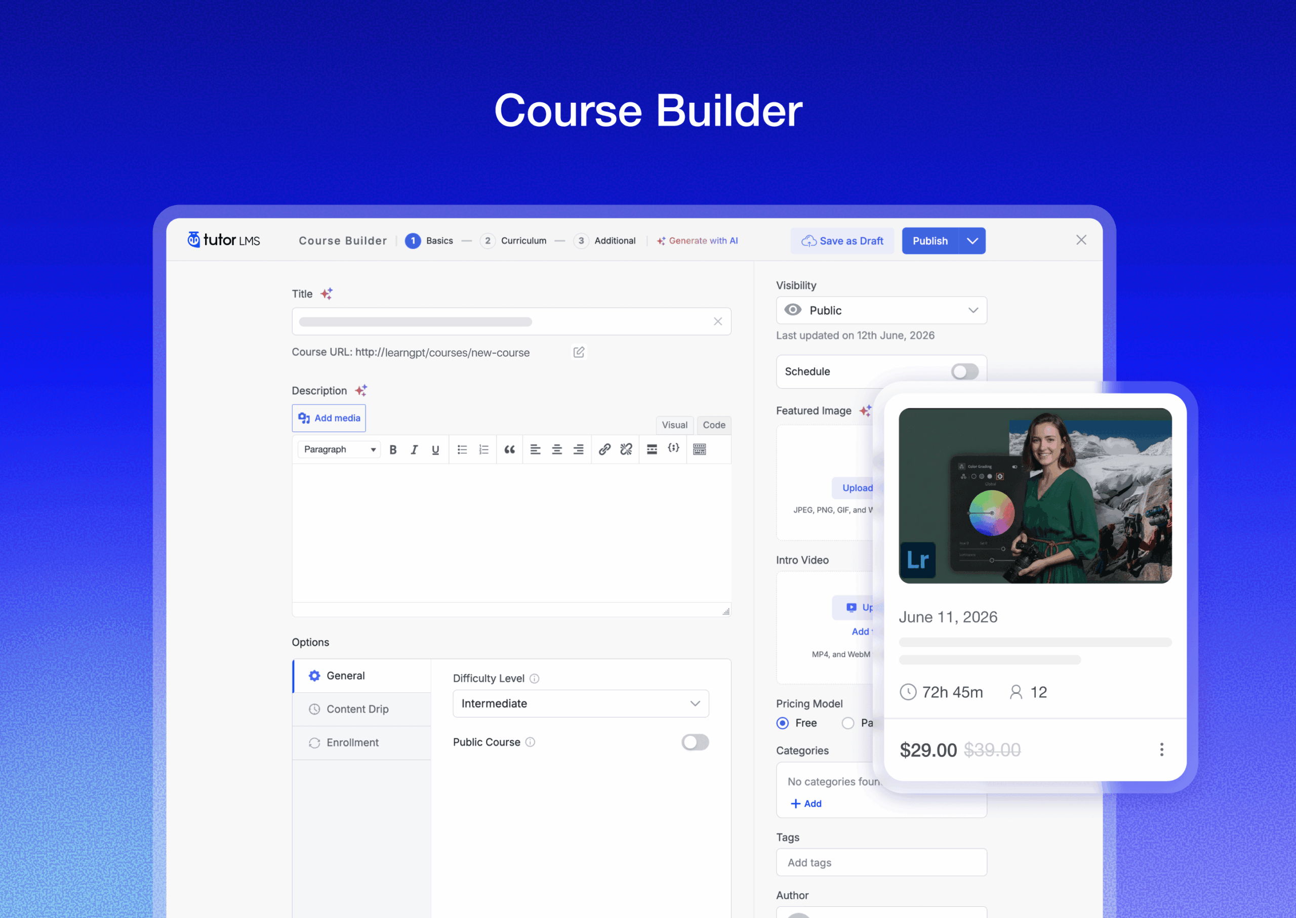 Course builder in Tutor LMS showing a structured outline of topics, lessons, quizzes, and assignments in a sidebar alongside a course settings panel.