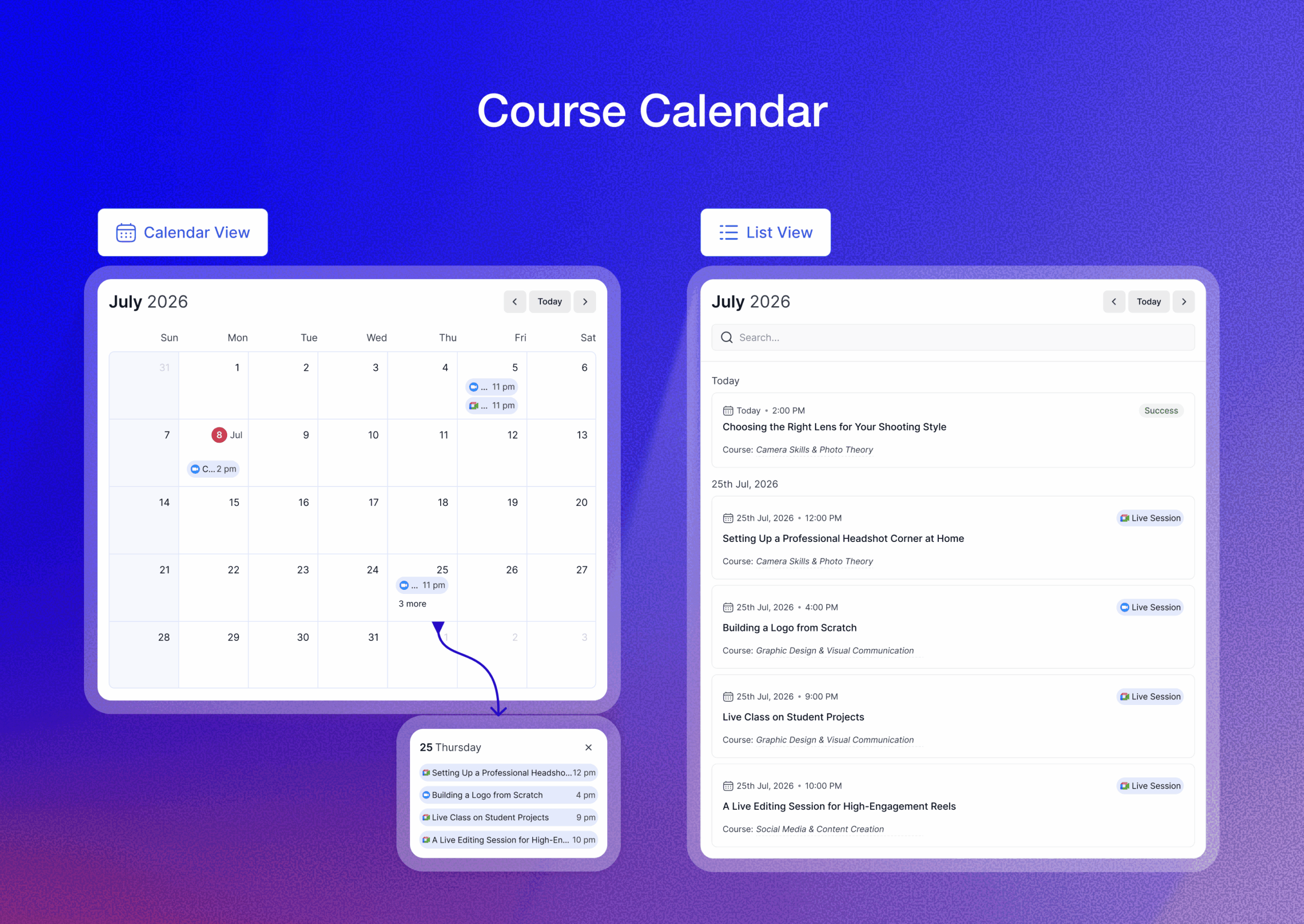 Course Calendar in Tutor LMS Pro showing a monthly view with color-coded lesson dates, assignment due dates, and live session markers.