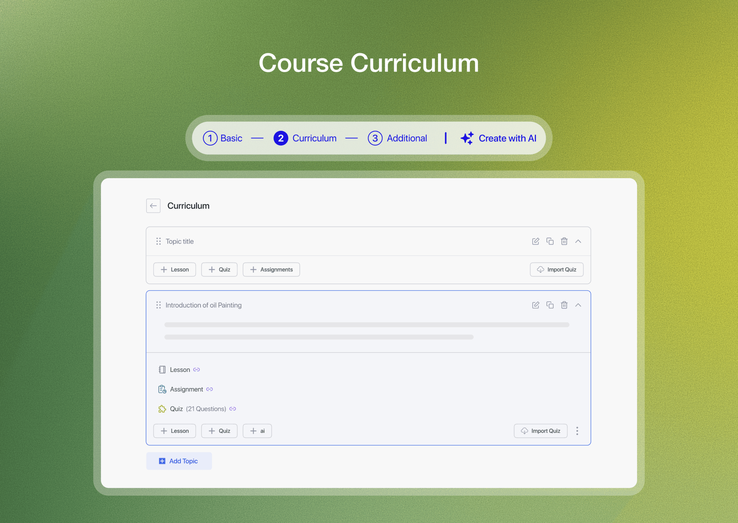 Course curriculum panel in Tutor LMS showing a collapsible tree of topics, lessons, quizzes, and assignments with reorder handles.
