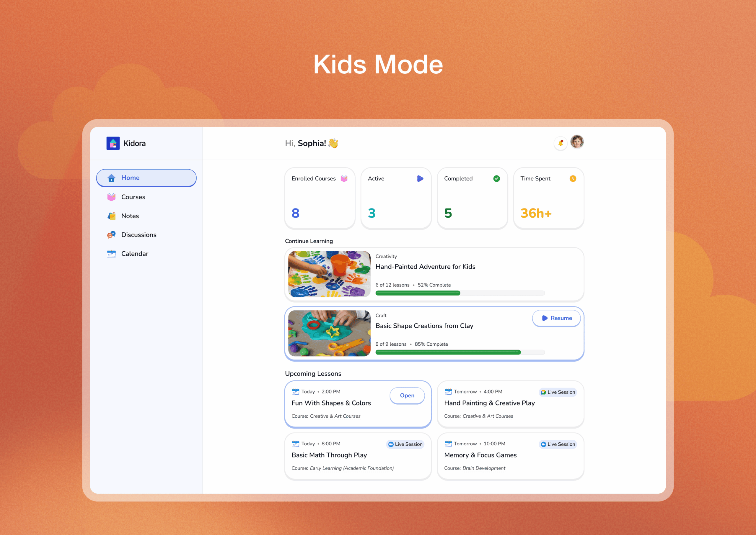 Kids Mode interface in Tutor LMS showing a colorful, playful layout with large icons and simplified navigation designed for younger learners.