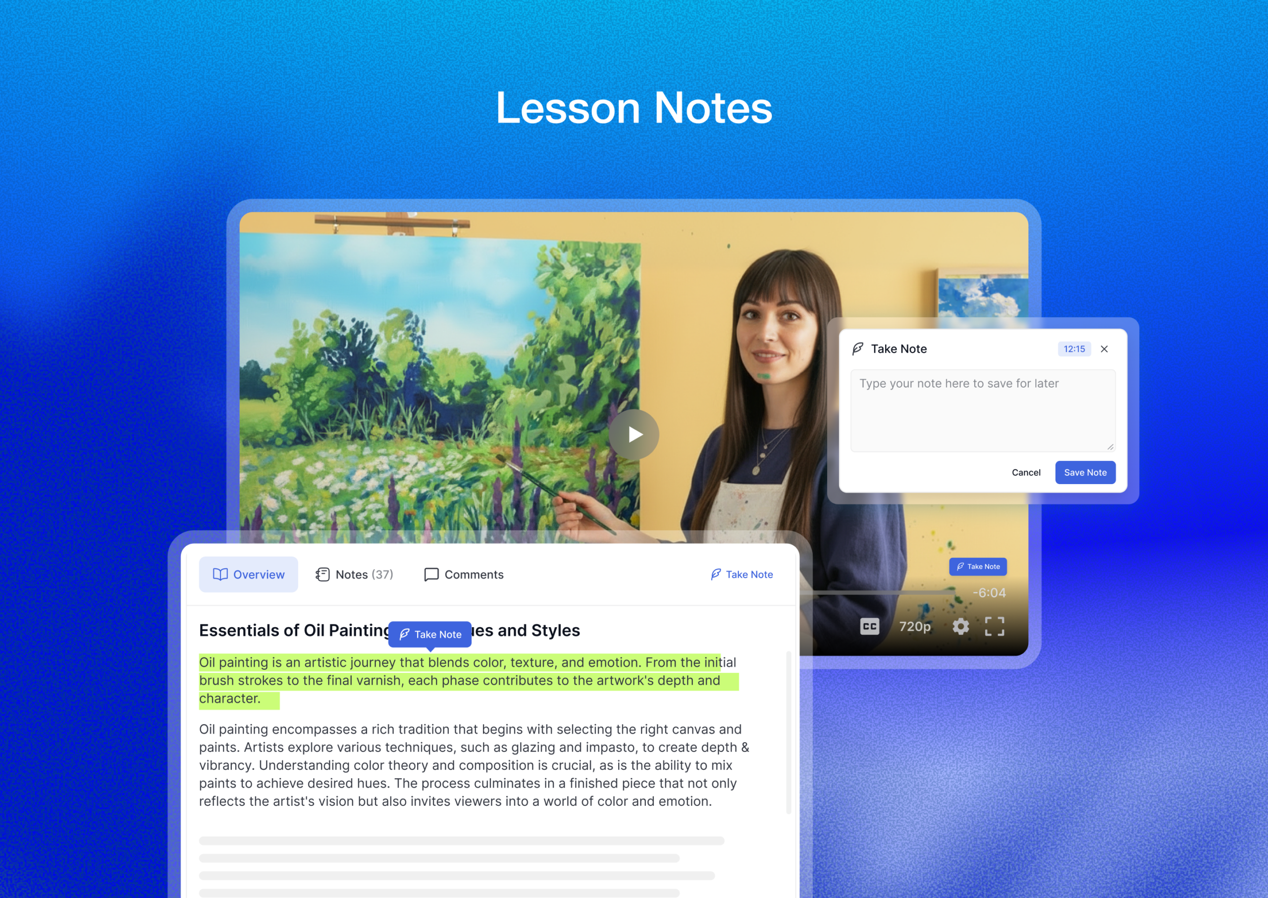Lesson notes interface in Tutor LMS showing a notes sidebar open alongside the video player, with a saved note below the text input.