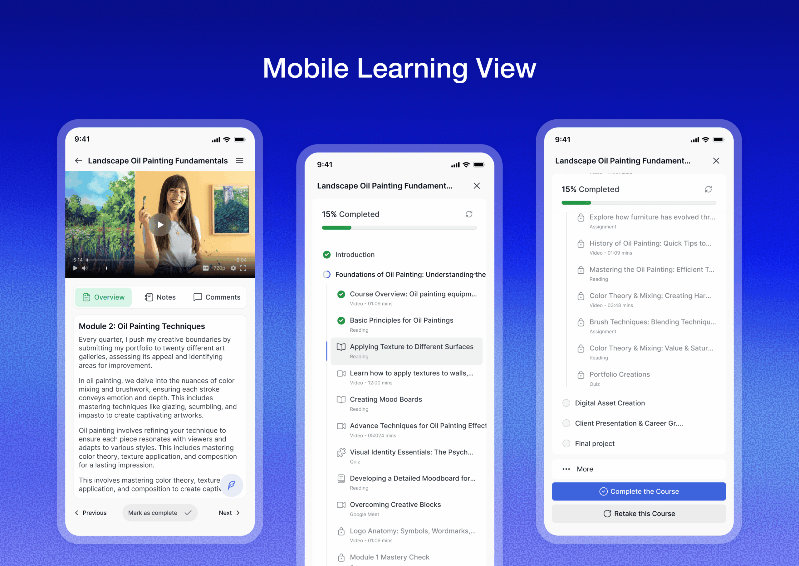 Tutor LMS mobile interface with thumb-friendly navigation at the bottom, lesson content in the center, and a vertically scrollable layout.