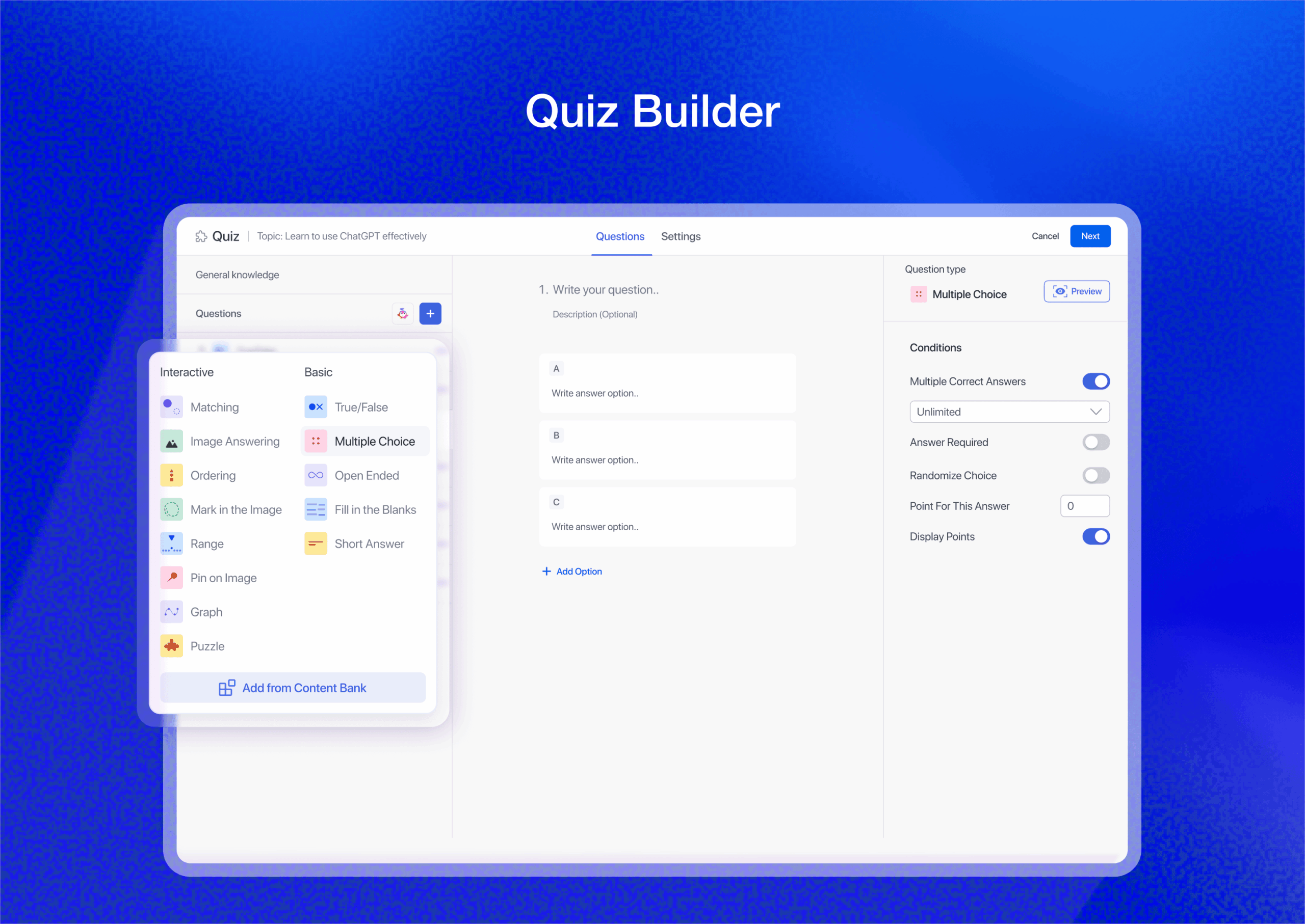 Quiz builder in Tutor LMS showing the question editor with quiz type options in a sidebar, a question text field, and configuration options for time limit and passing grade.