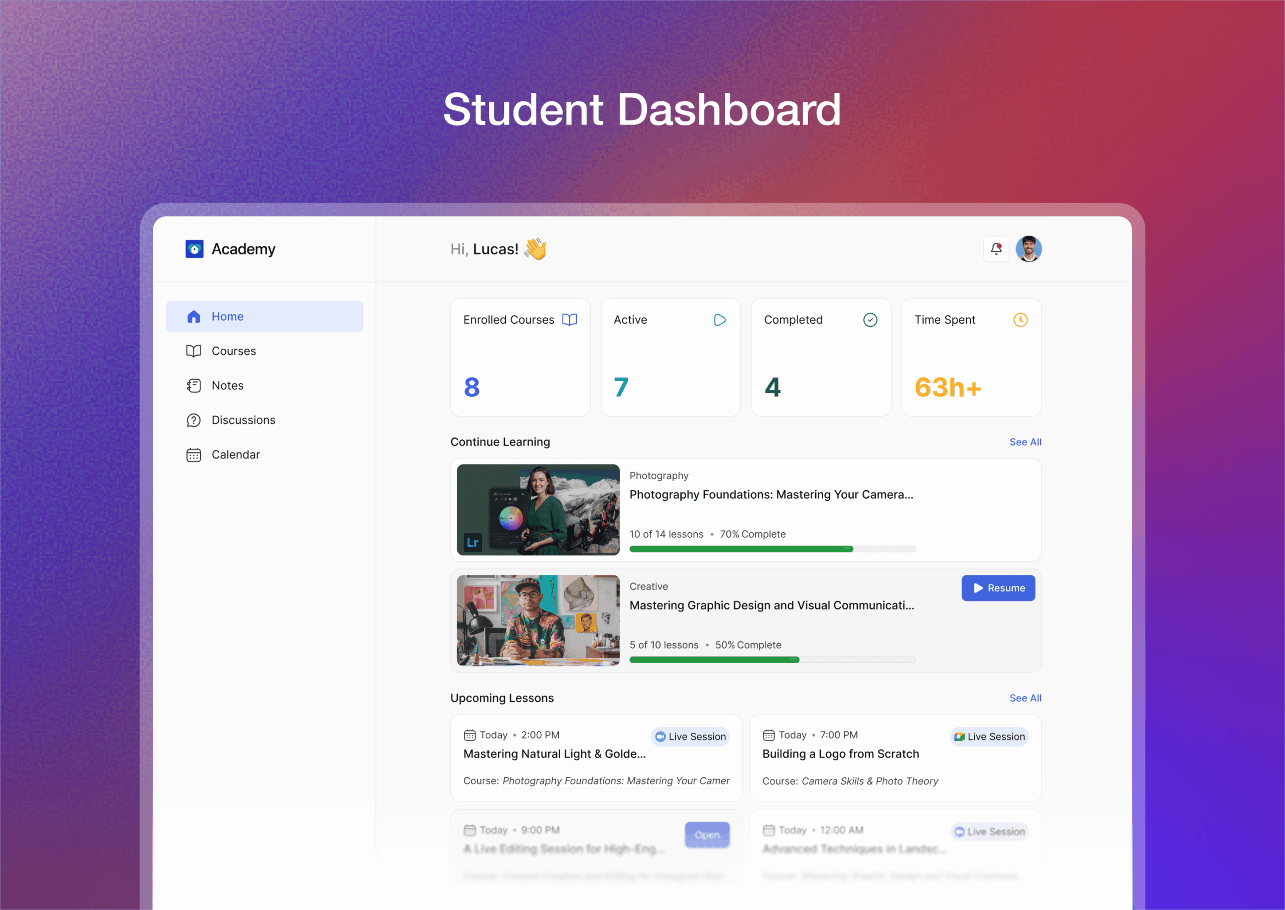 Student dashboard in Tutor LMS 4.0 showing course cards with progress indicators, a quick-access panel for upcoming lessons, and achievement badges.
