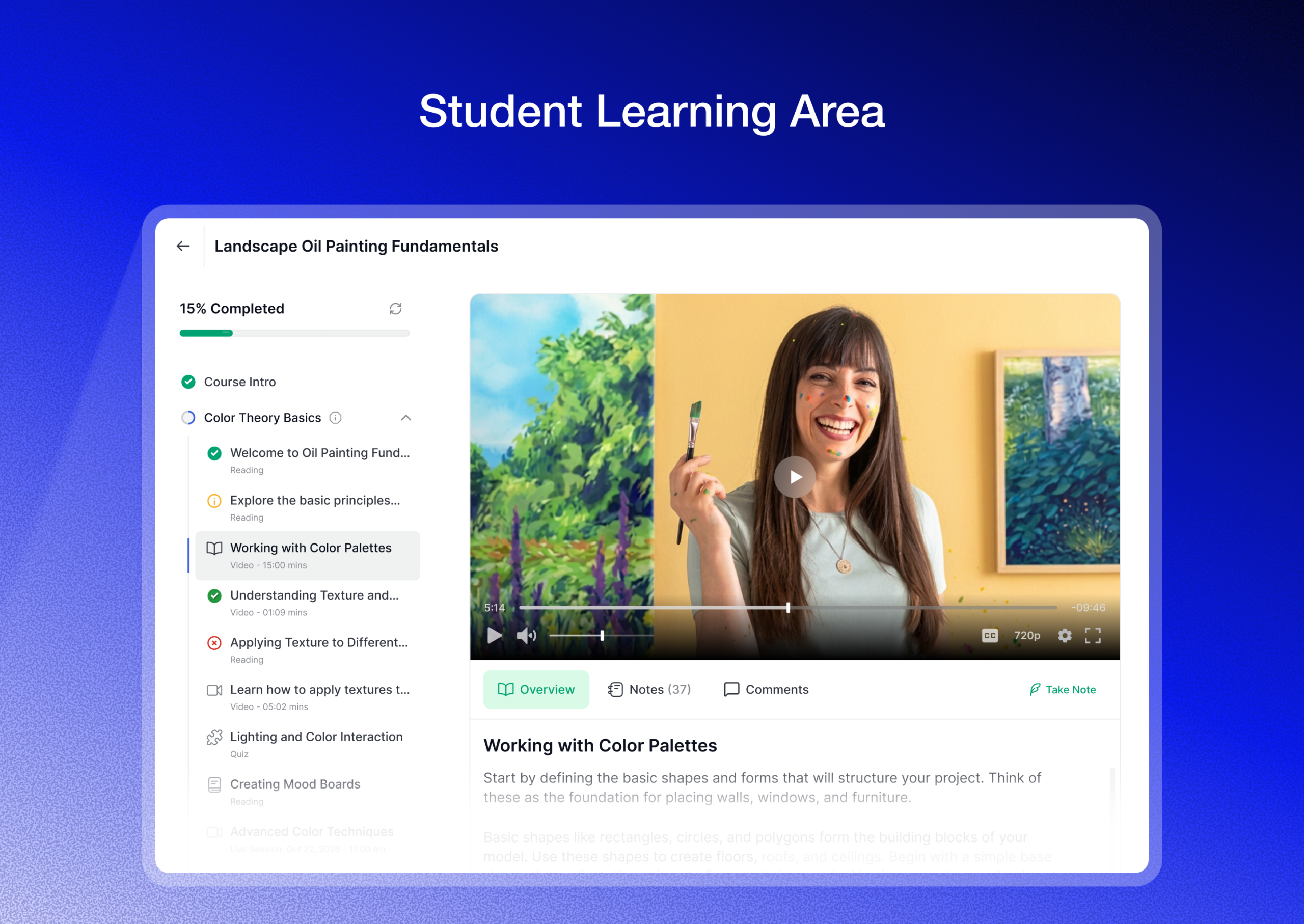 Student learning area in Tutor LMS 4.0, showing lesson navigation in a left sidebar, the video player in the center, and a progress bar at the top with a dark theme.