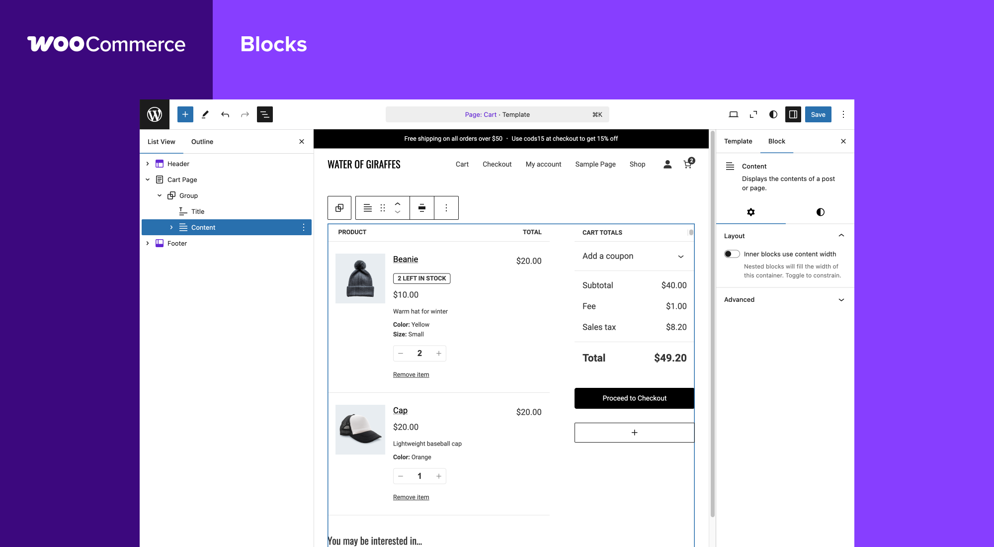 WooCommerce block-based Cart page template open in the WordPress block editor showing the block list view on the left cart canvas in the center and cart totals and block settings on the right. Source: vendor-provided screenshot from WordPress.org.