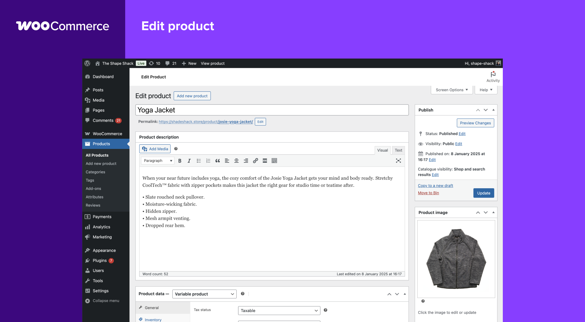WooCommerce admin Edit Product screen showing a Yoga Jacket with product description product image sidebar and Variable product type selected in the Product data panel. Source: vendor-provided screenshot from WordPress.org.