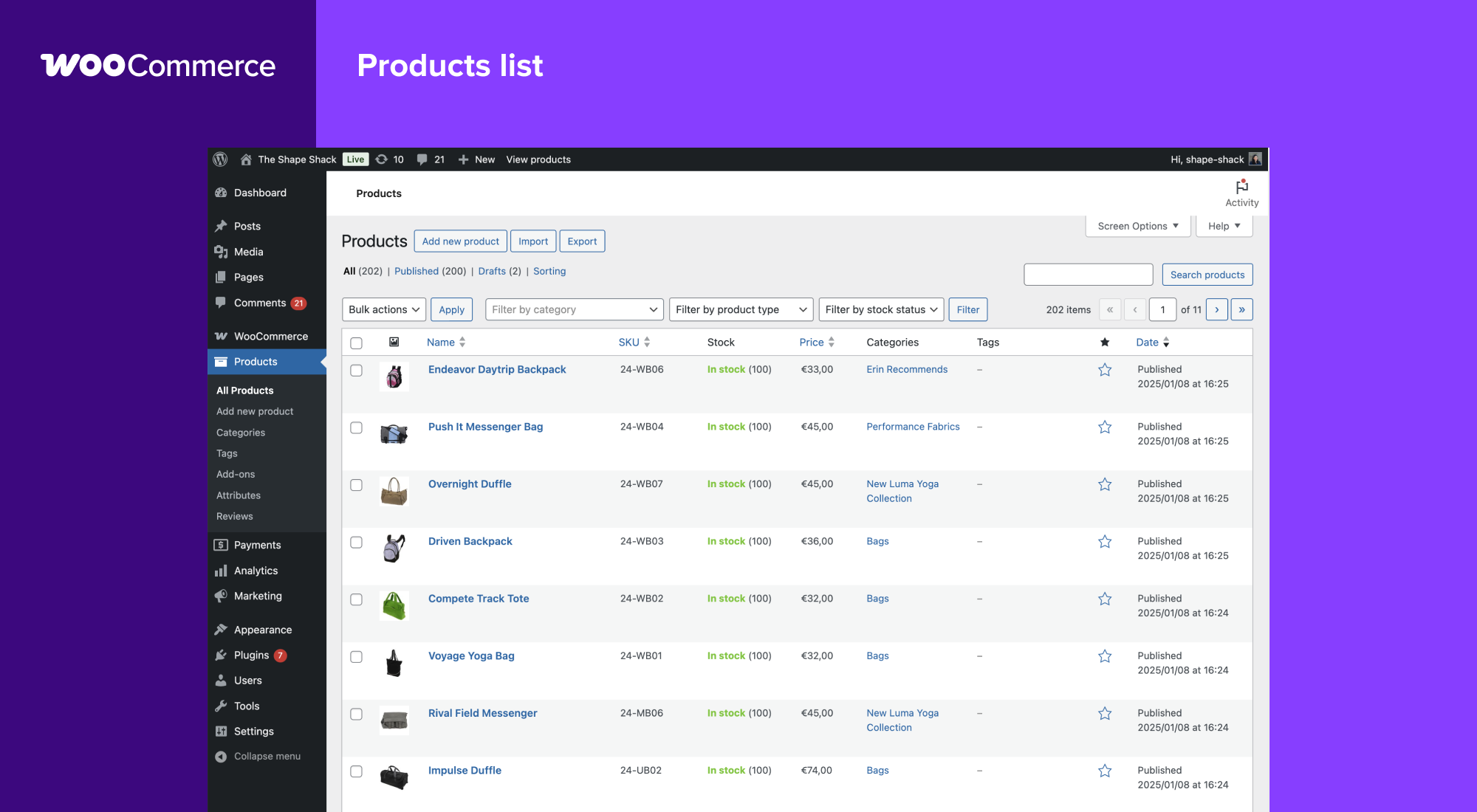 WooCommerce admin Products list showing 202 published products with columns for name image thumbnail SKU stock status price categories and tags. Source: vendor-provided screenshot from WordPress.org.