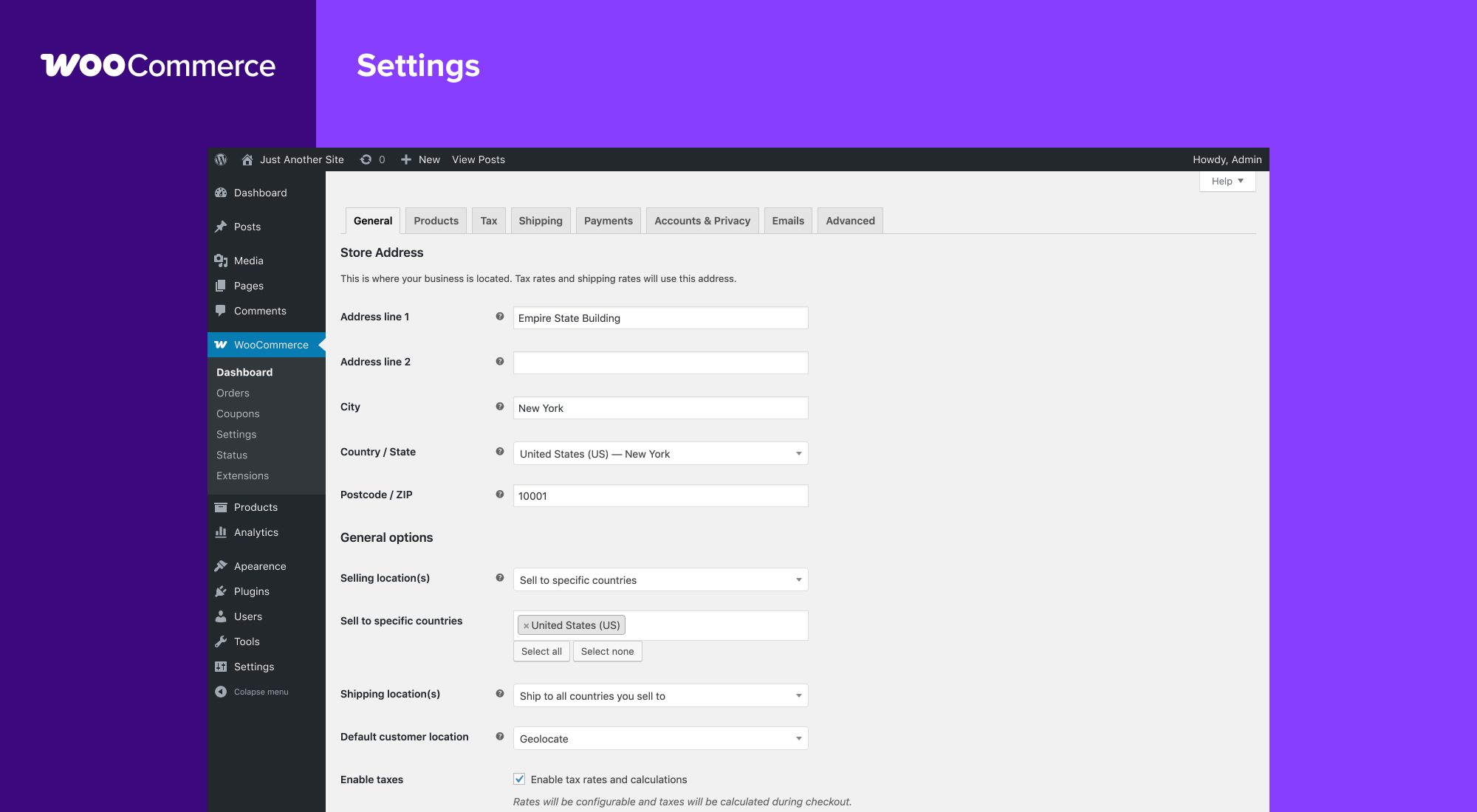 WooCommerce admin panel Settings tab showing the General section with store address fields selling location dropdowns and Enable taxes checkbox. Source: vendor-provided screenshot from the WordPress.org plugin listing.