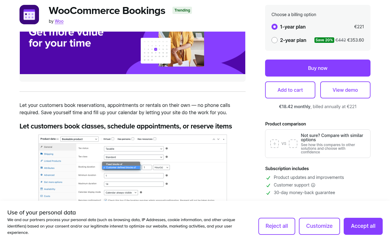 WooCommerce Bookings product page on WooCommerce.com showing the extension features, bookable product overview, and key capabilities.
