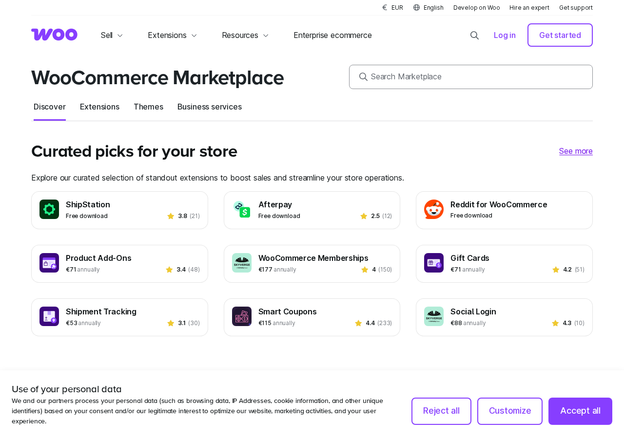 WooCommerce extensions marketplace at woocommerce.com showing the product catalog with category filters and listings for WooCommerce Subscriptions Bookings Product Add-Ons Memberships and dozens of other extensions with annual pricing
