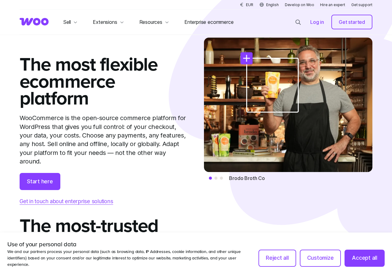 WooCommerce homepage on woocommerce.com showing the headline The open-source ecommerce platform for WordPress alongside statistics and merchant logos including Nutribullet Scrub Daddy and Mint Mobile