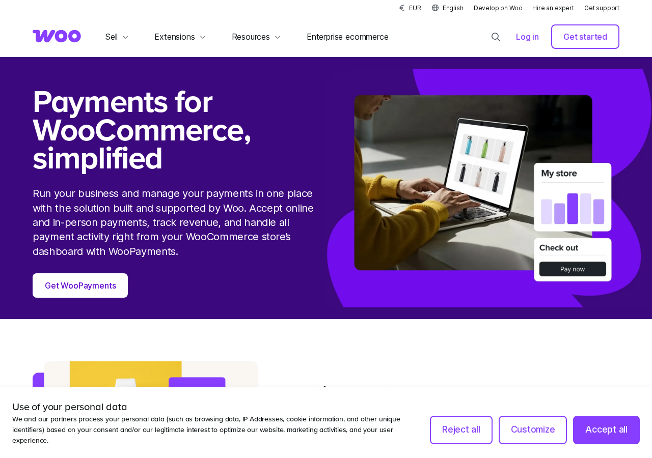 WooPayments product page on woocommerce.com showing availability in 38 countries 135 plus currencies supported in-person payment via card reader and features including Apple Pay Google Pay WooPay and no setup costs or monthly fees