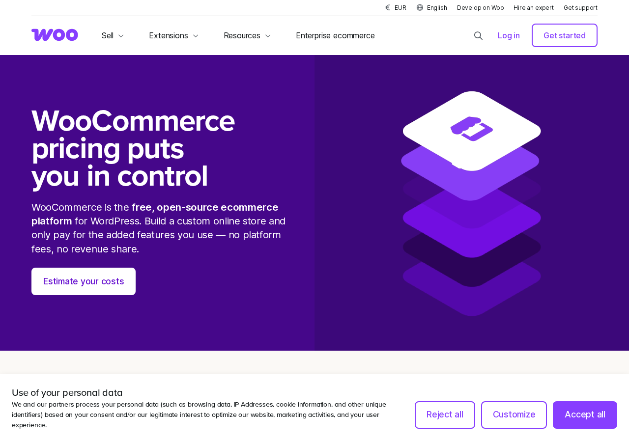 WooCommerce pricing page at woocommerce.com showing cost structure with core plugin free hosting $25 to $350 per month payment processing approximately 2.5 to 2.9% plus $0.30 per transaction and extensions $29 to $299 per year