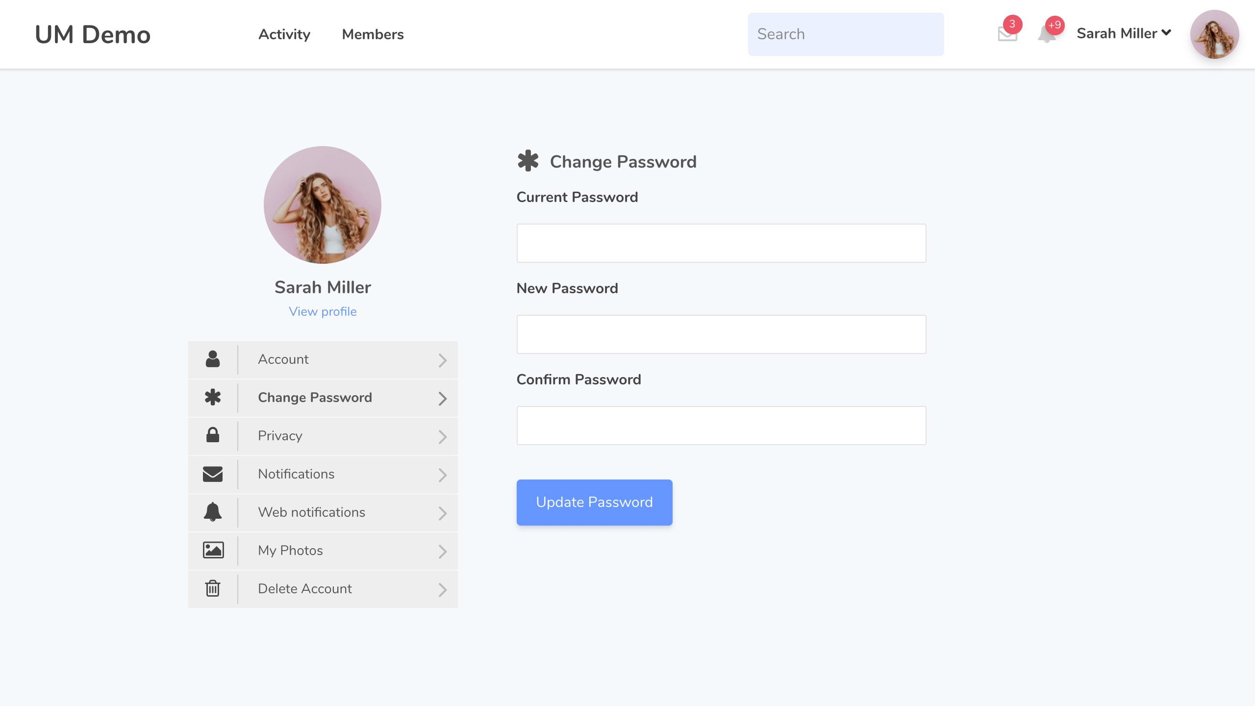 Ultimate Member front-end account page showing Change Password tab and account sidebar navigation