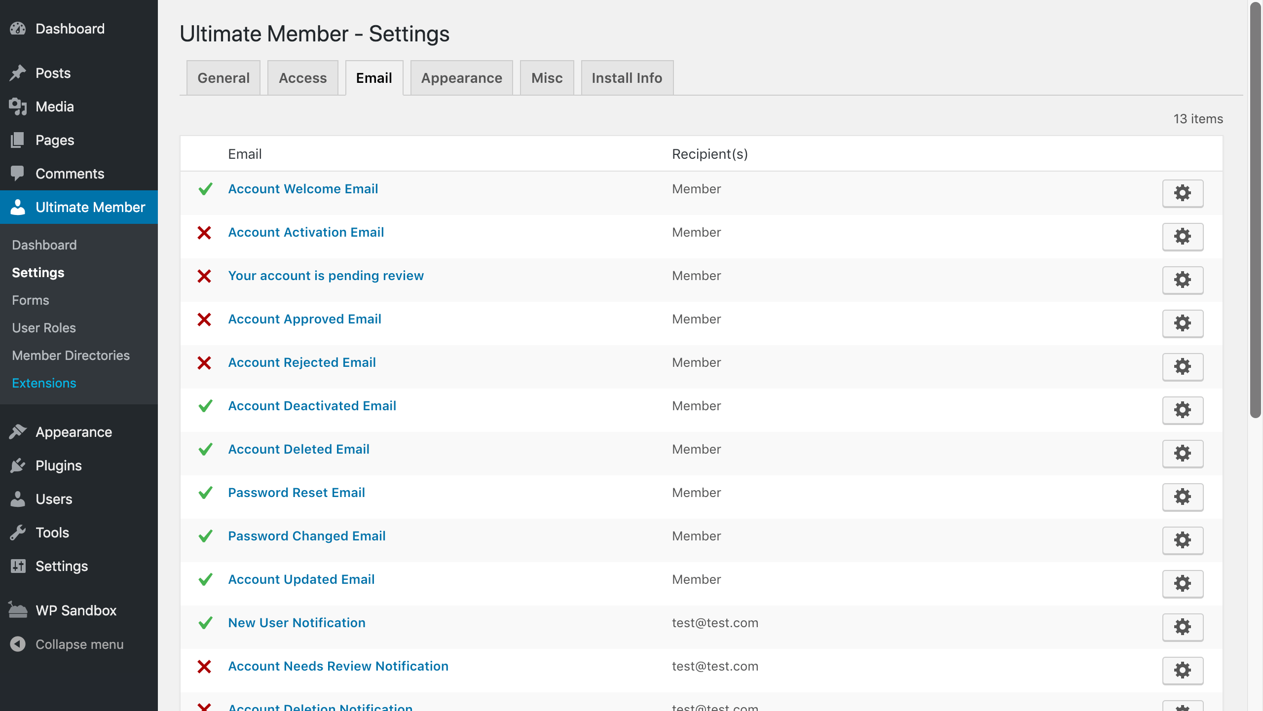 Ultimate Member email settings tab showing 13 configurable email templates with enable and disable toggles