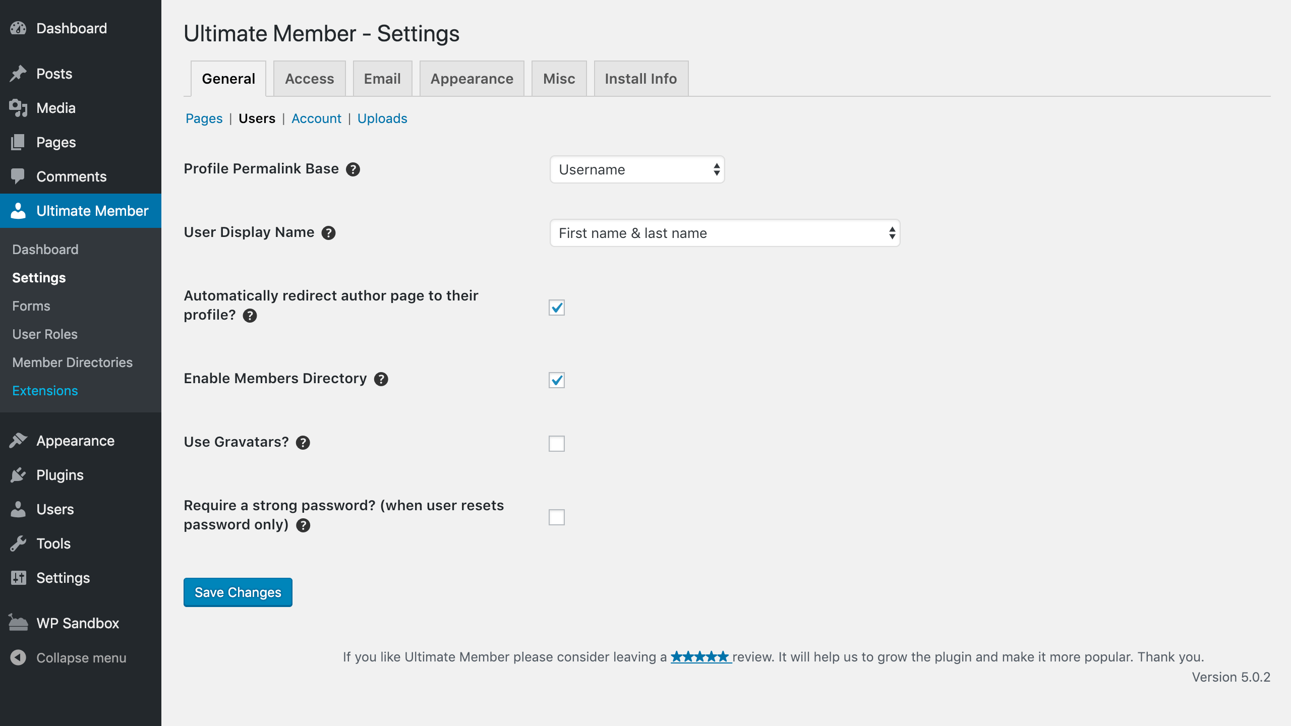 Ultimate Member admin settings general tab showing profile permalink and display name options