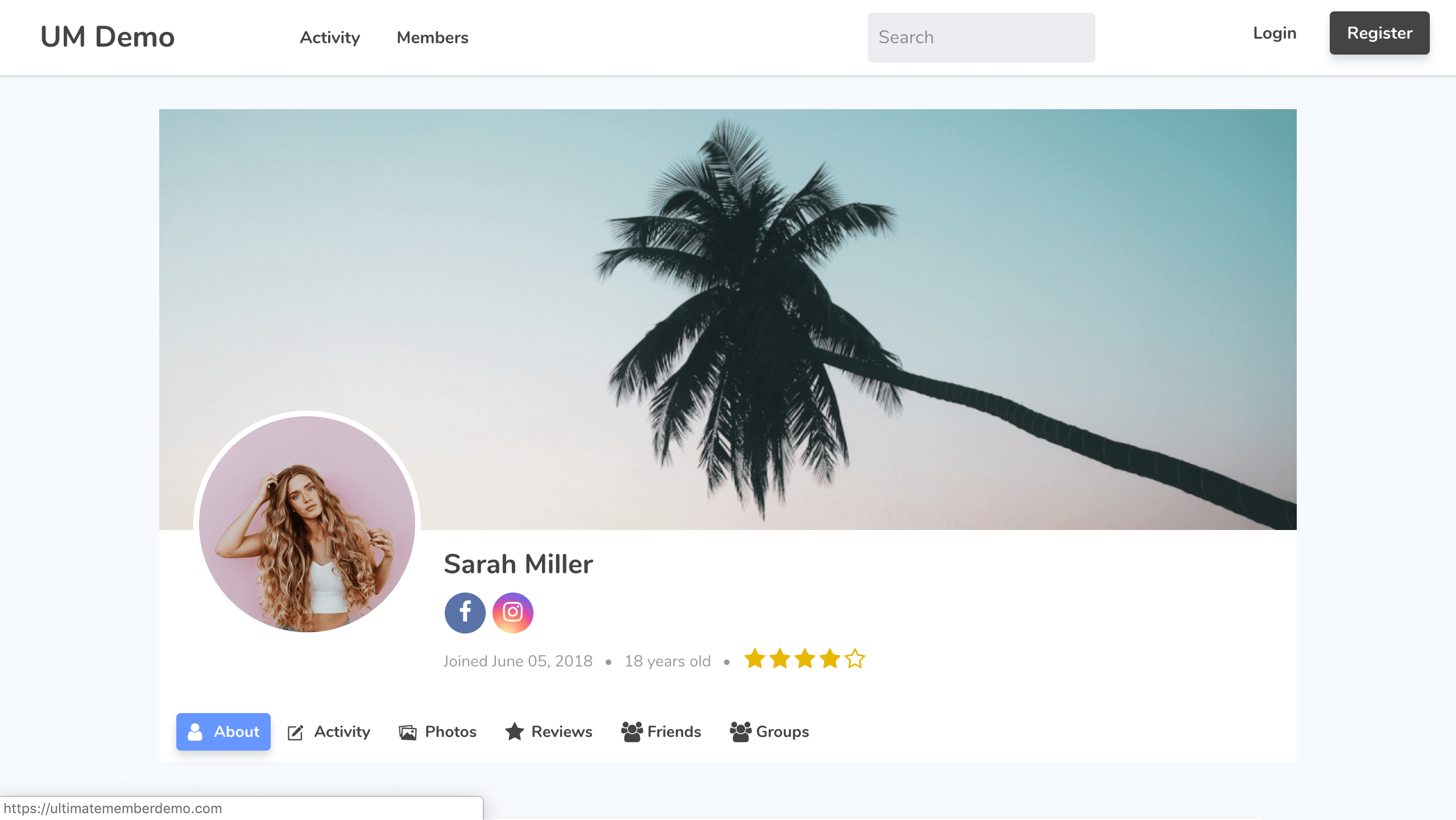 Ultimate Member front-end user profile showing cover photo, profile picture, social icons, and tabbed navigation