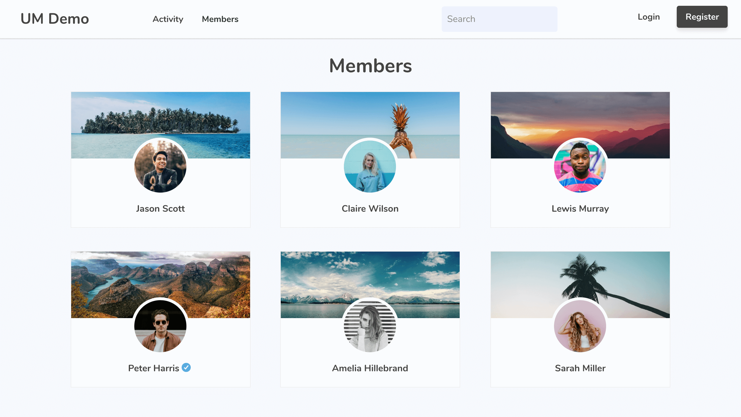 Ultimate Member member directory front-end showing grid of member cards with profile and cover photos