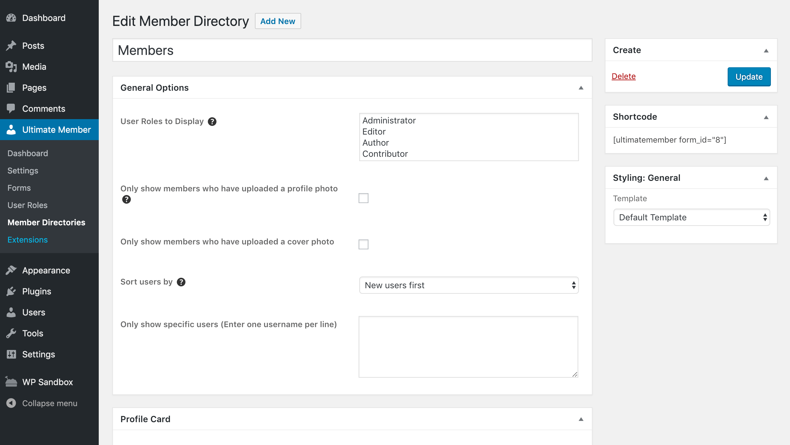 Ultimate Member admin screen for editing a member directory with role filter and sort order options