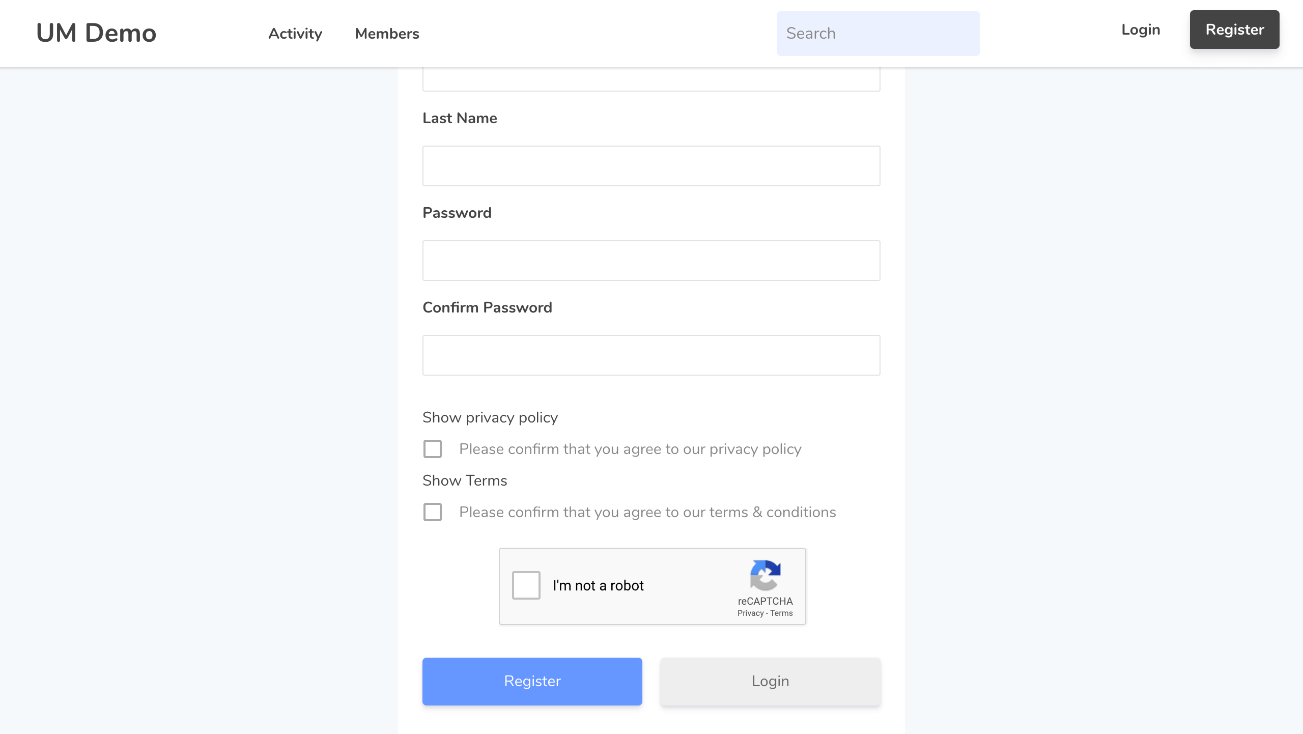 Ultimate Member registration form bottom showing terms and conditions, privacy policy, and reCAPTCHA