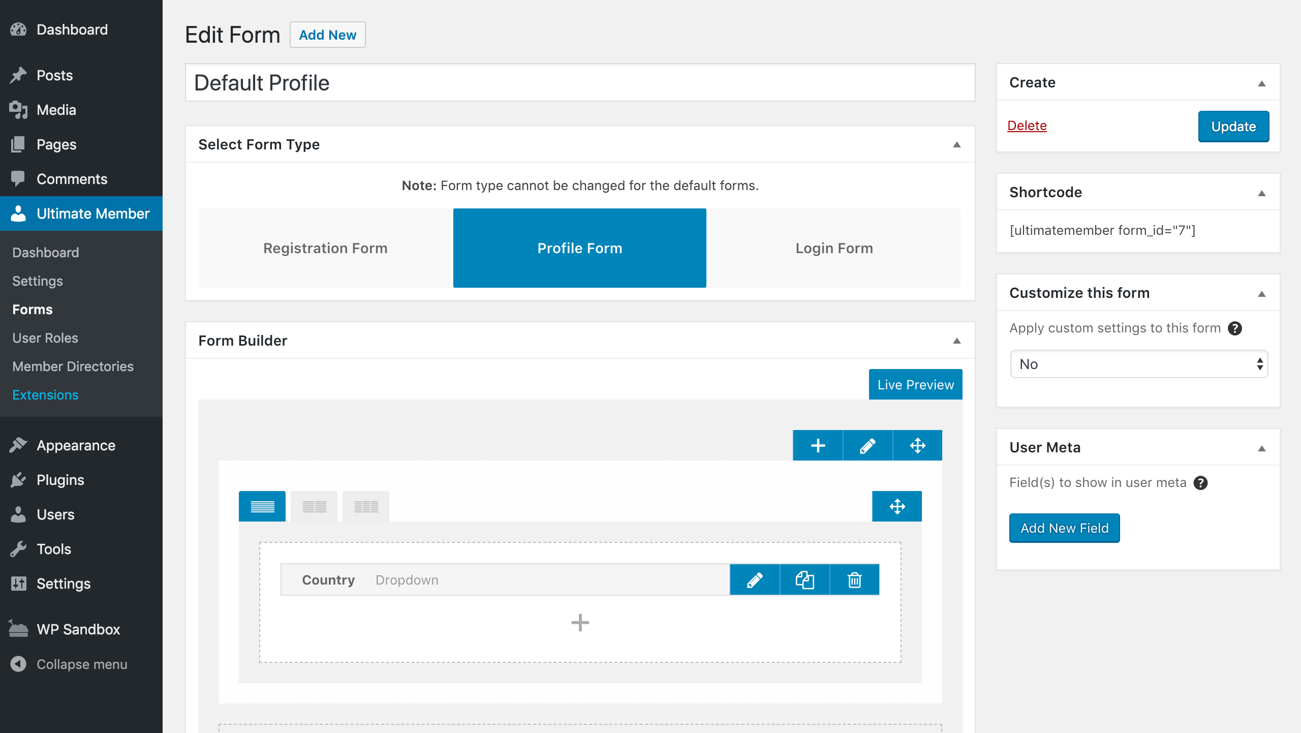 Ultimate Member form builder in WordPress admin showing drag-and-drop profile form editor