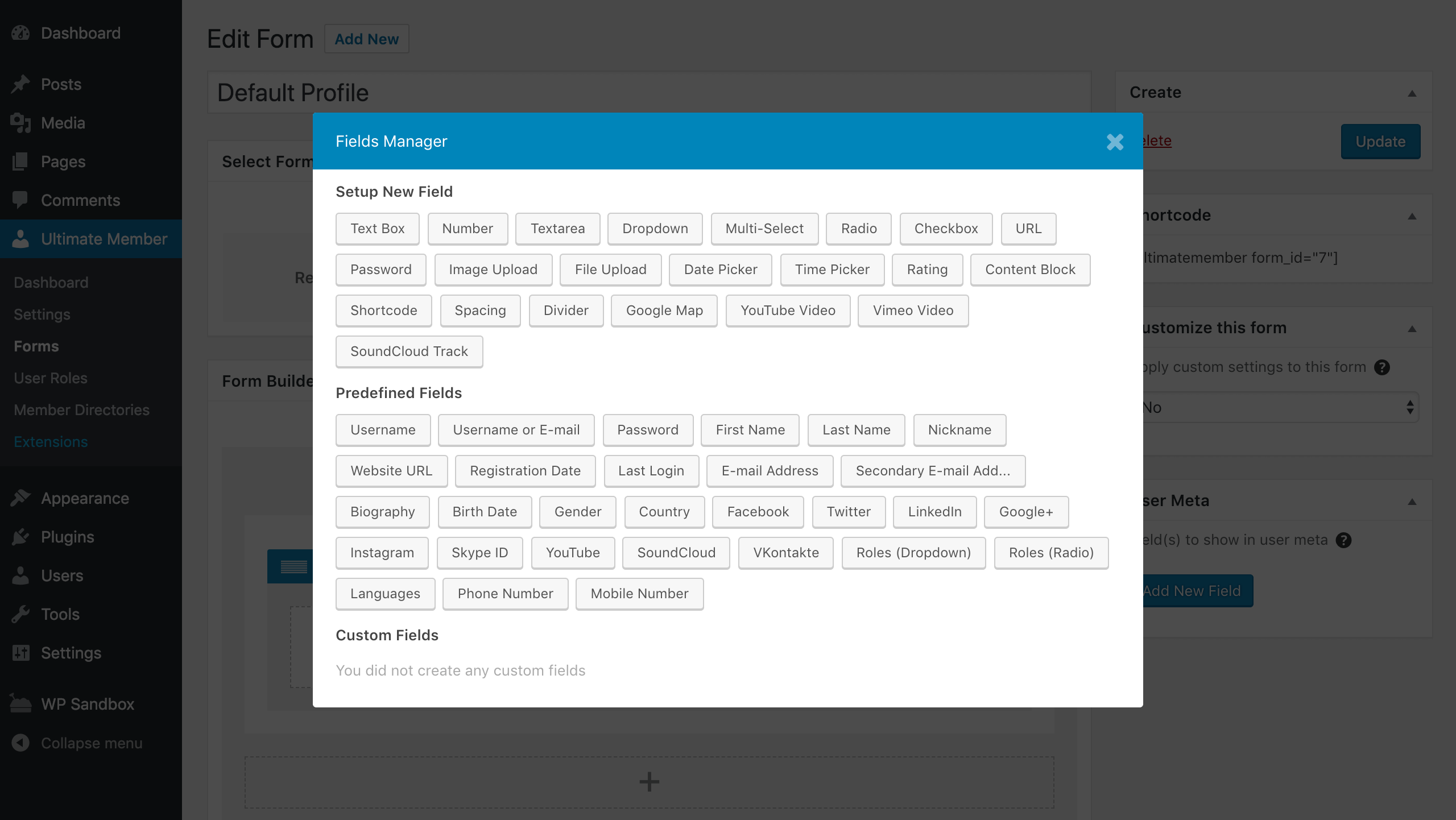 Ultimate Member Fields Manager showing all available custom, predefined, and custom field types