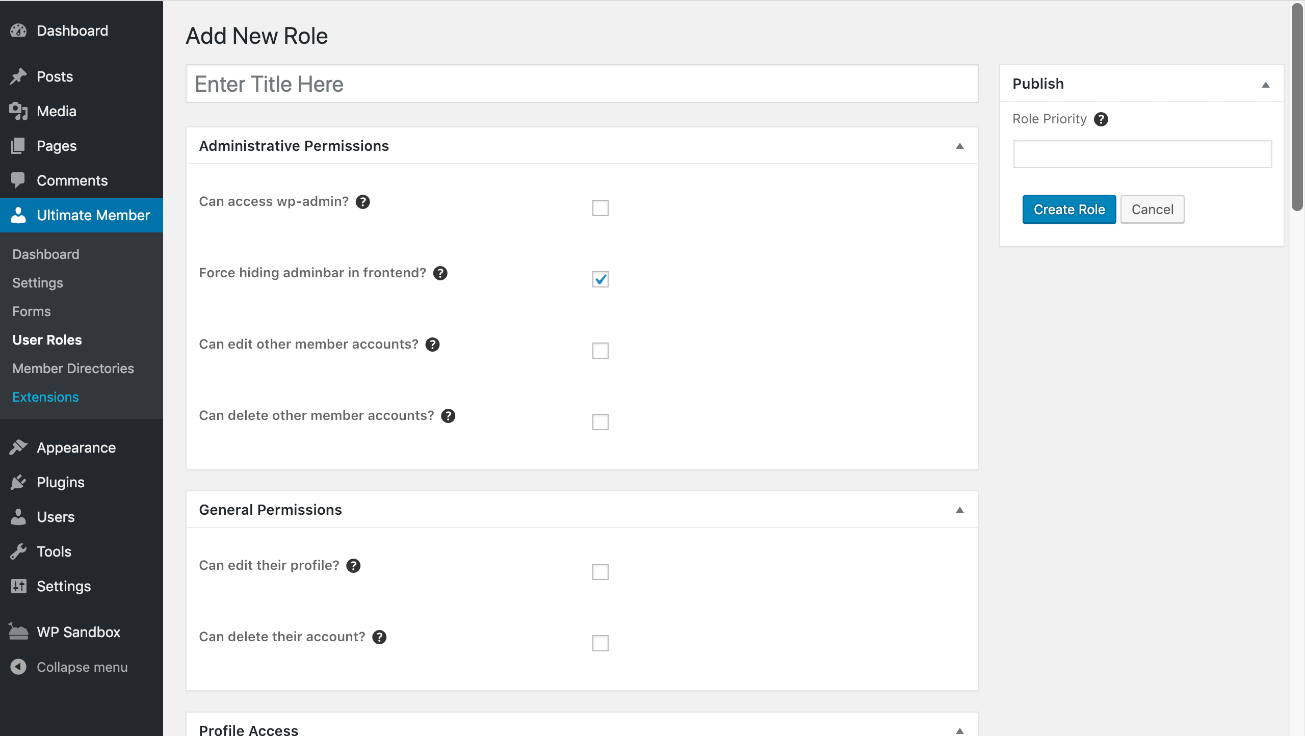 Ultimate Member Add New Role screen in WordPress admin showing administrative and general permission checkboxes
