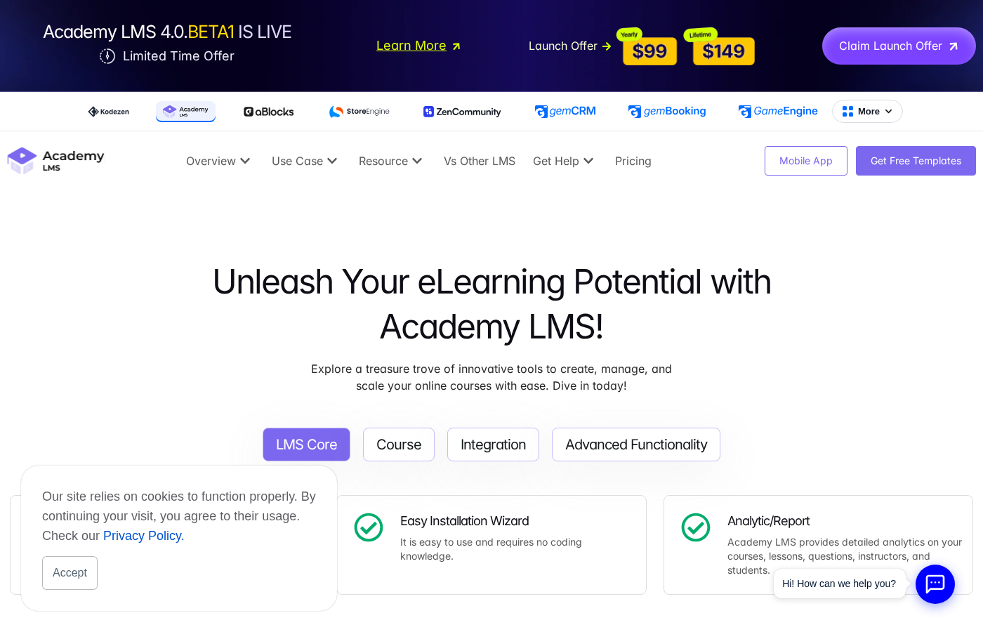 Academy LMS features page showing the React-based admin interface with course and lesson management capabilities, content types, and curriculum building options