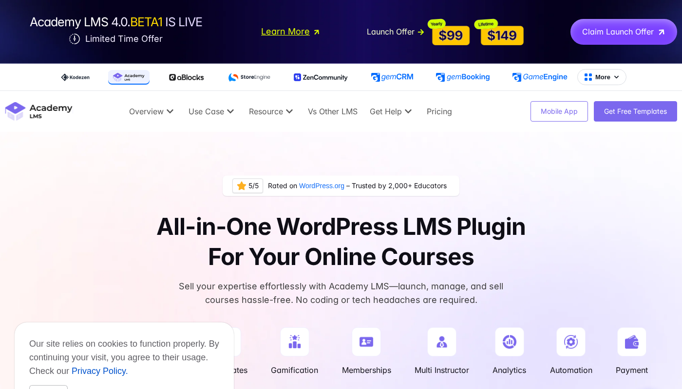 Academy LMS homepage showing the headline with key feature highlights including AI-powered course creation, multi-instructor support, and WooCommerce integration