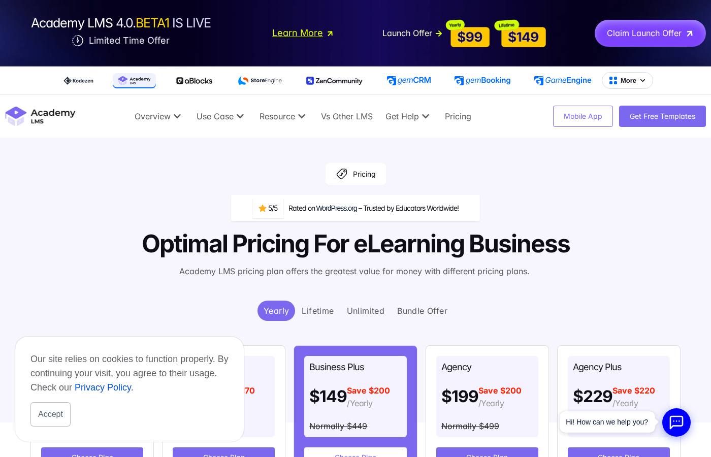 Academy LMS pricing page showing yearly and lifetime plan tiers with promotional pricing applied, plan feature highlights, and the 14-day money-back guarantee