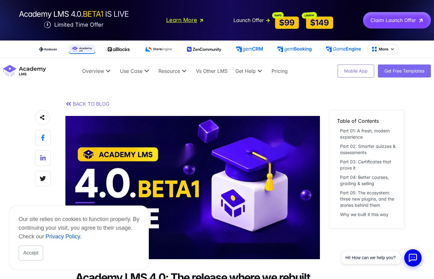 Academy LMS 4.0 blog post showing the rebuilt admin interface, new quiz engine features, certificate redesign, and companion plugin announcements
