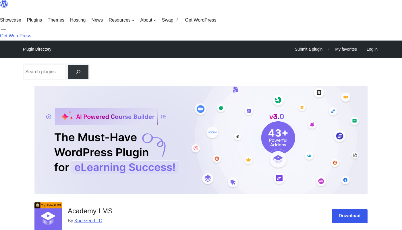 WordPress.org listing for Academy LMS showing the plugin banner, 4.9-star rating, 2,000+ active installs, version 3.8.5, and compatibility metadata