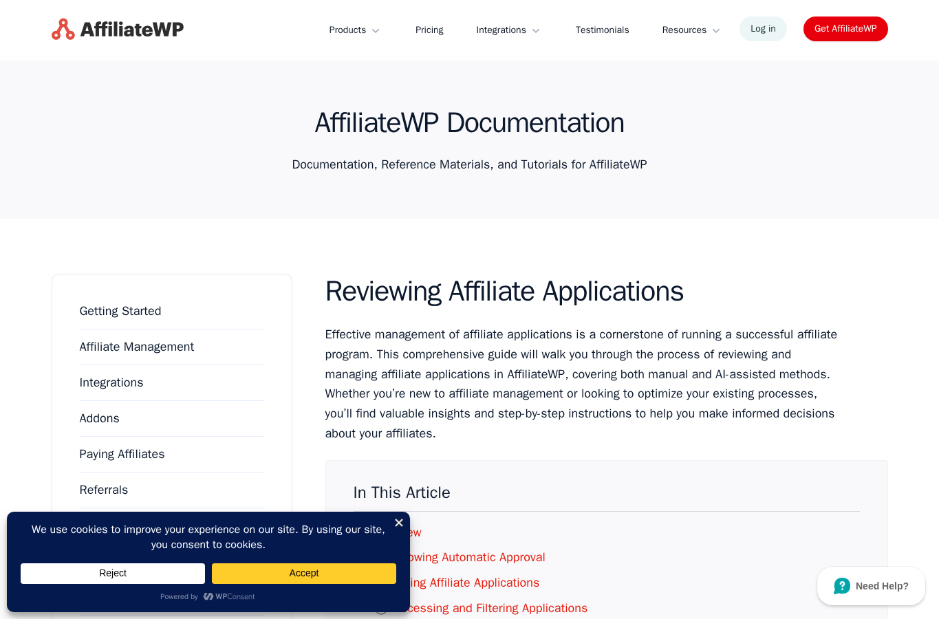 AffiliateWP documentation showing affiliate application approval settings