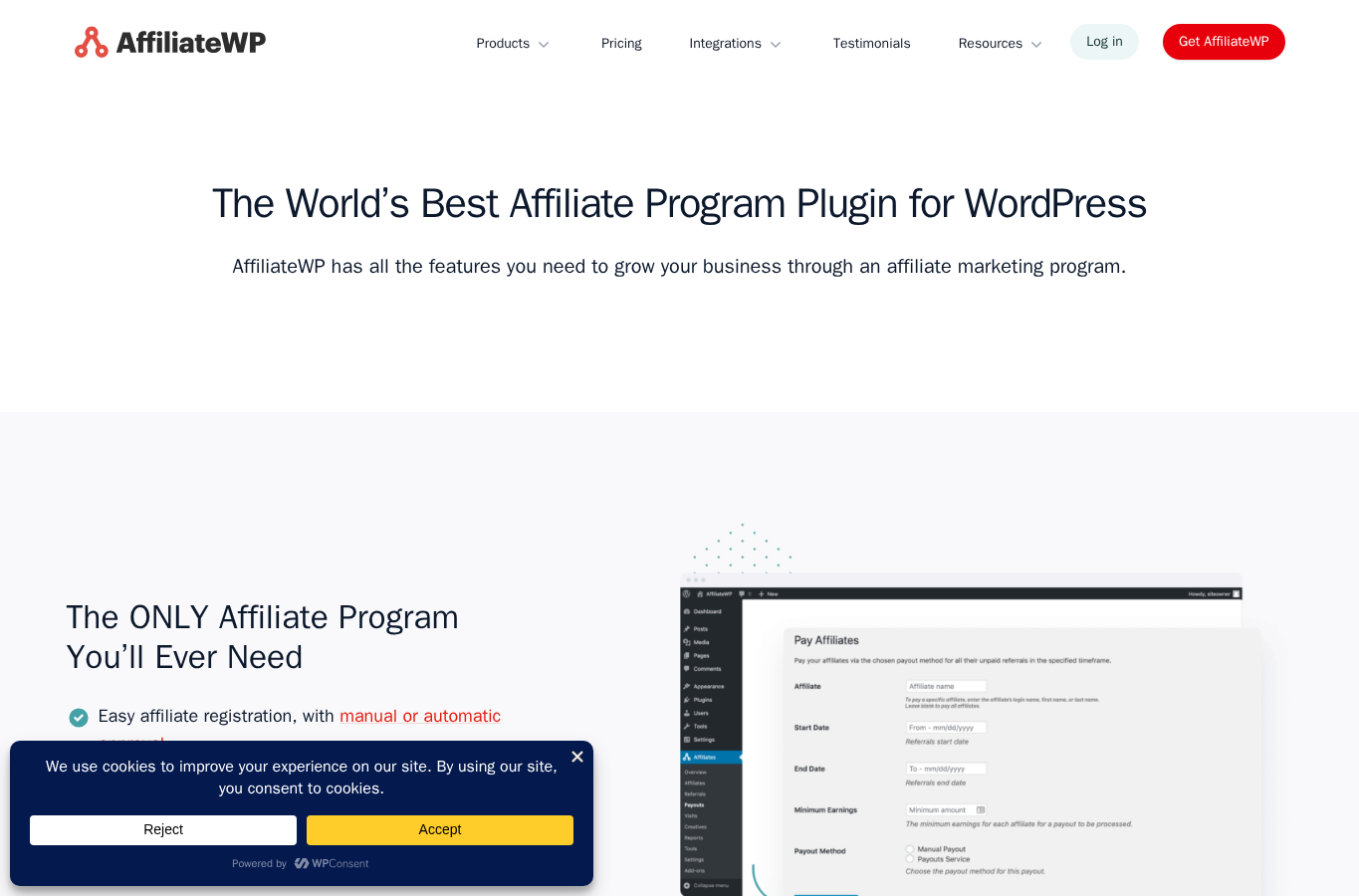 AffiliateWP features page showing affiliate payouts, setup, tracking, reports, dashboard, and commission tools