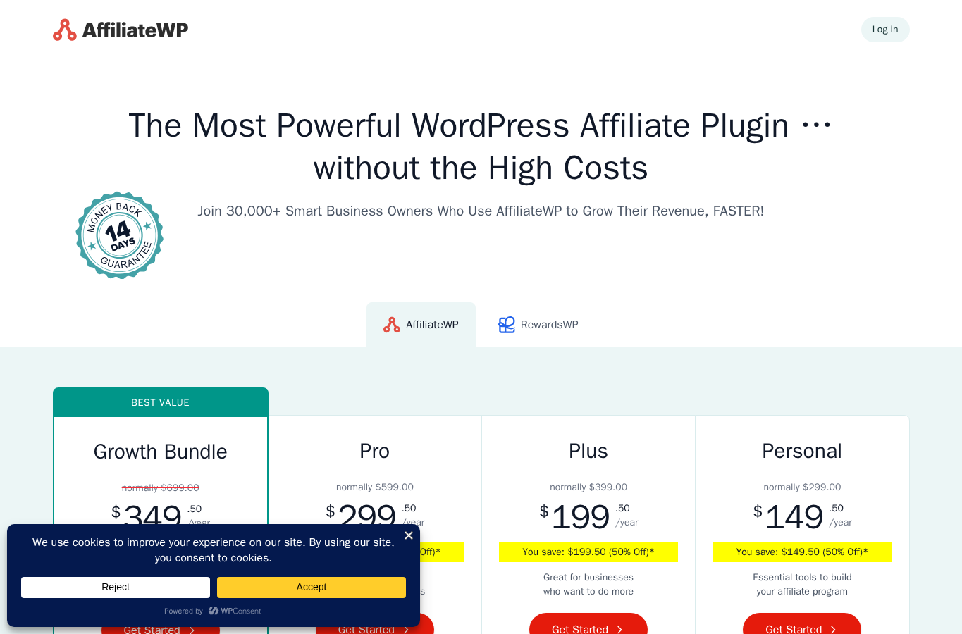 AffiliateWP pricing page showing Personal, Plus, Pro, and Growth Bundle plans