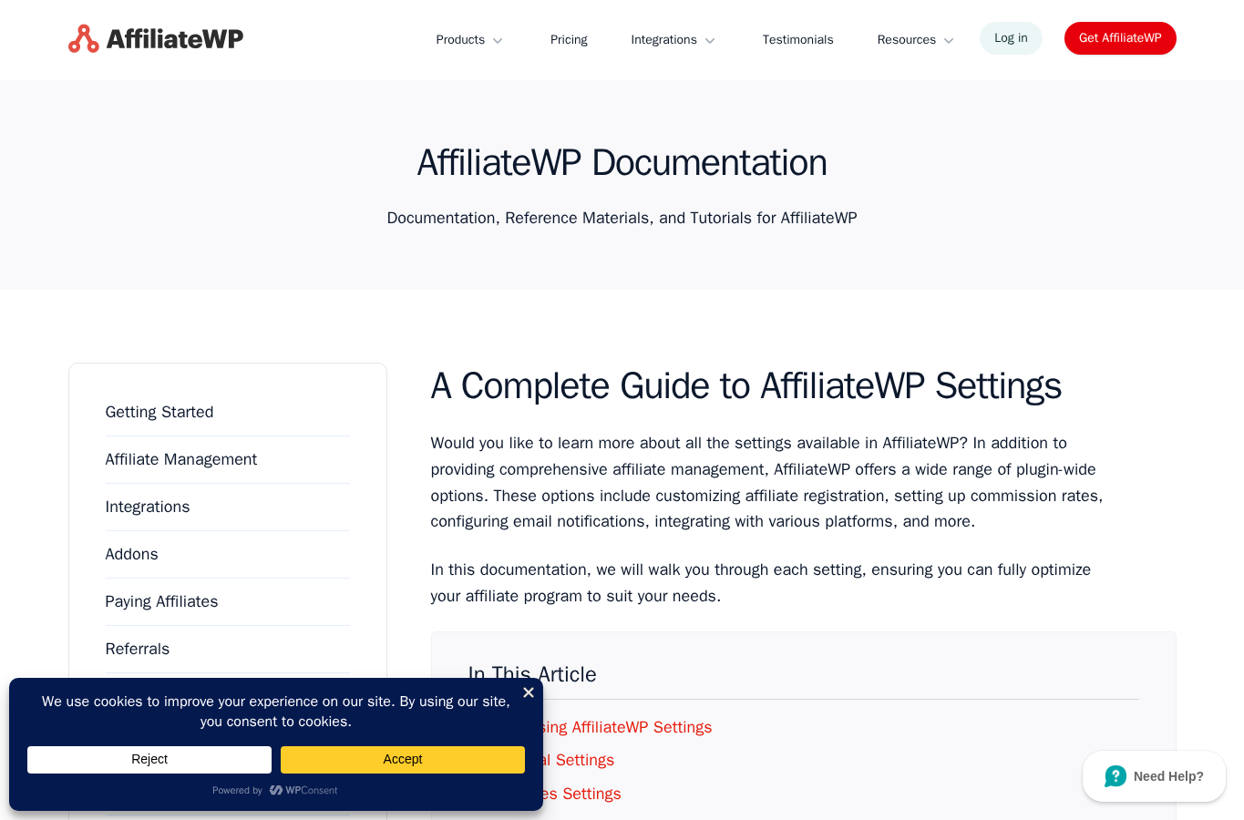 AffiliateWP settings documentation showing the WordPress dashboard setup path