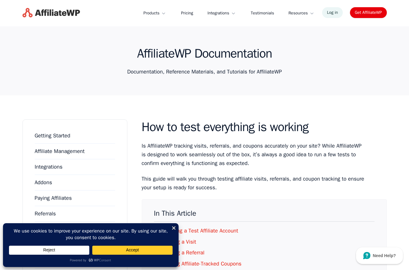 AffiliateWP documentation explaining how to test visits, referrals, and coupons