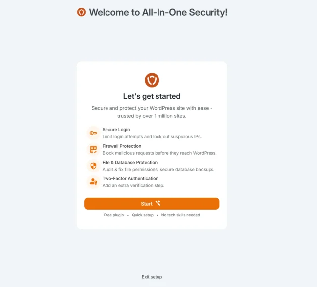 AIOS onboarding wizard showing a welcome screen with setup steps for configuring basic security settings after plugin activation