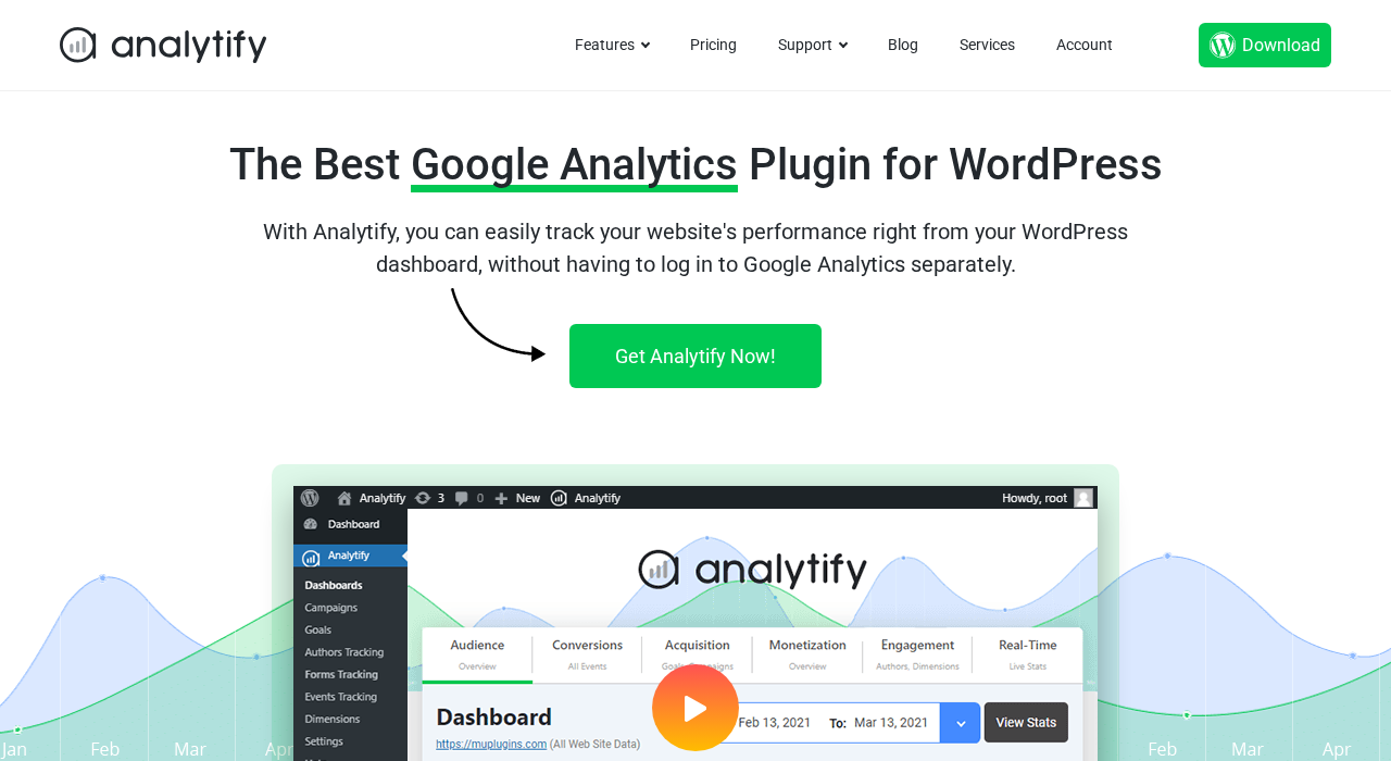 Analytify plugin homepage on analytify.io showing the headline The Best Google Analytics Plugin for WordPress and 2.5 million downloads social proof badge